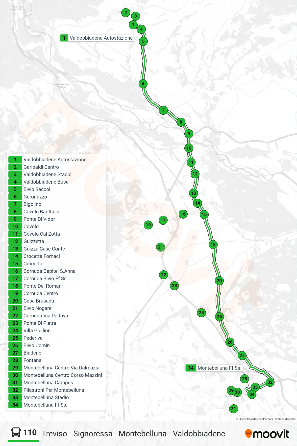 Linea 110  bus (Montebelluna Ff.Ss.) - Percorsi e fermate sulla mappa
