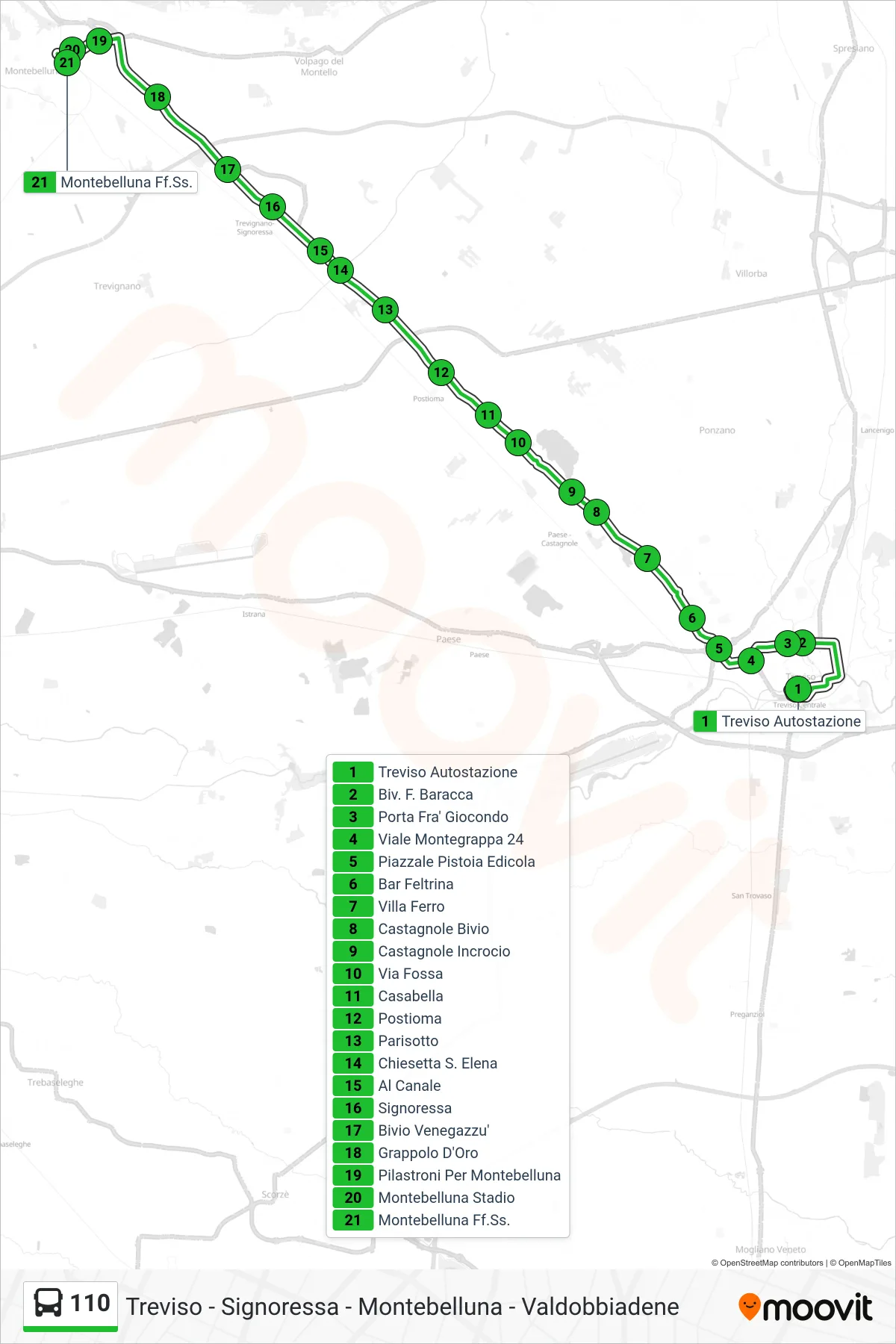 Linea 110 bus (Montebelluna Ff.Ss.) - Percorsi e fermate sulla mappa