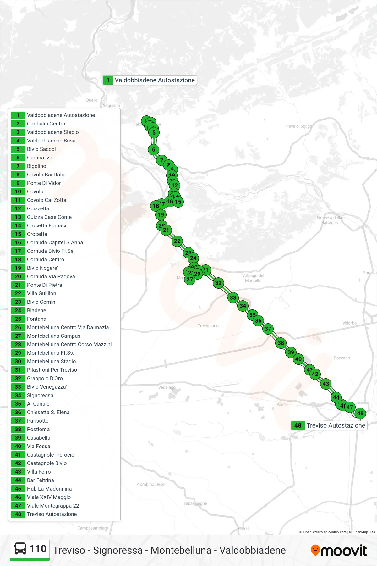 Linea 110 bus (Treviso Autostazione) - Percorsi e fermate sulla mappa