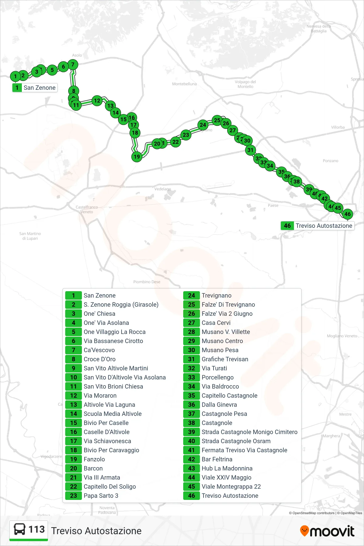 Linea 113 bus (Treviso Autostazione) - Percorsi e fermate sulla mappa