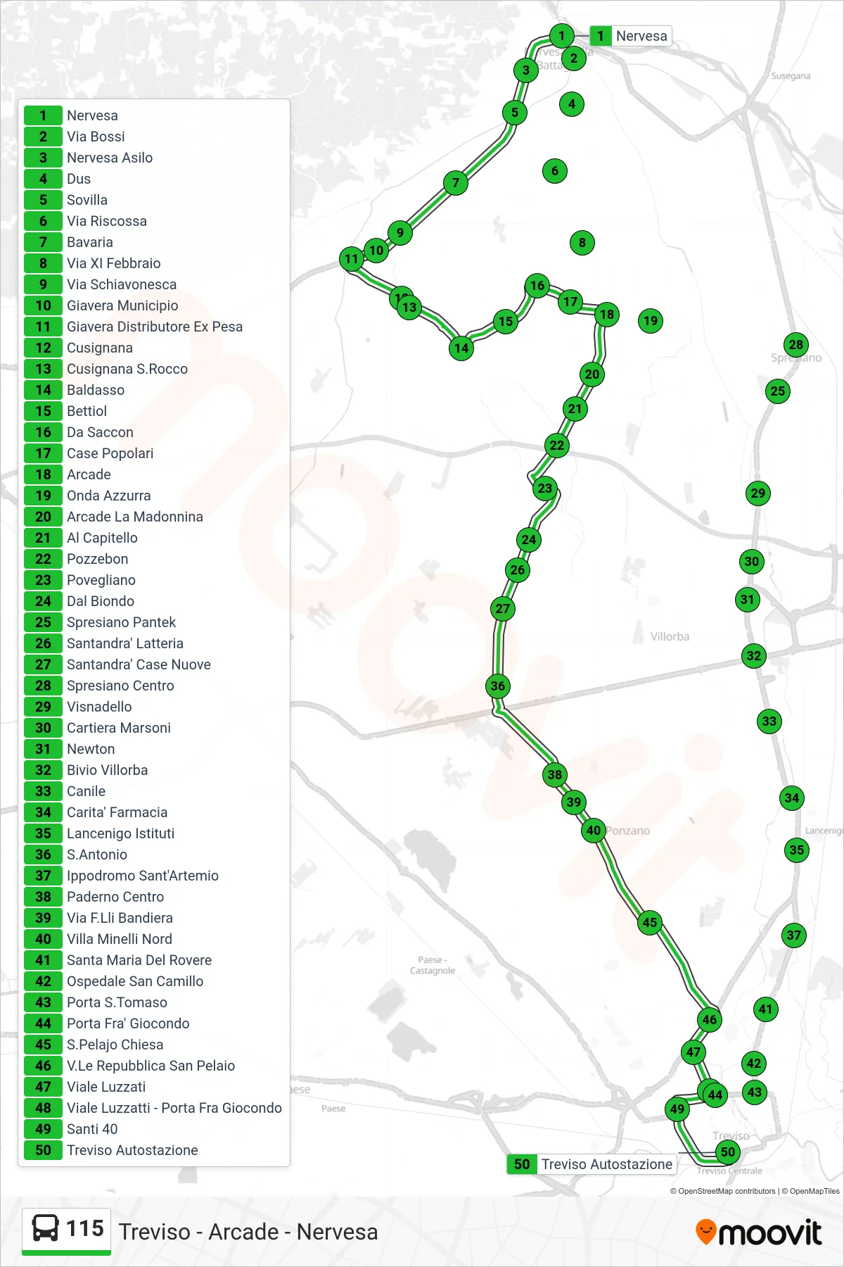 Linea 115 bus (Treviso Autostazione) - Percorsi e fermate sulla mappa