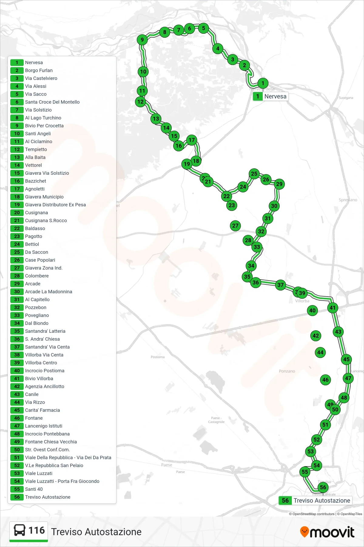 Linea 116  bus (Treviso Autostazione) - Percorsi e fermate sulla mappa