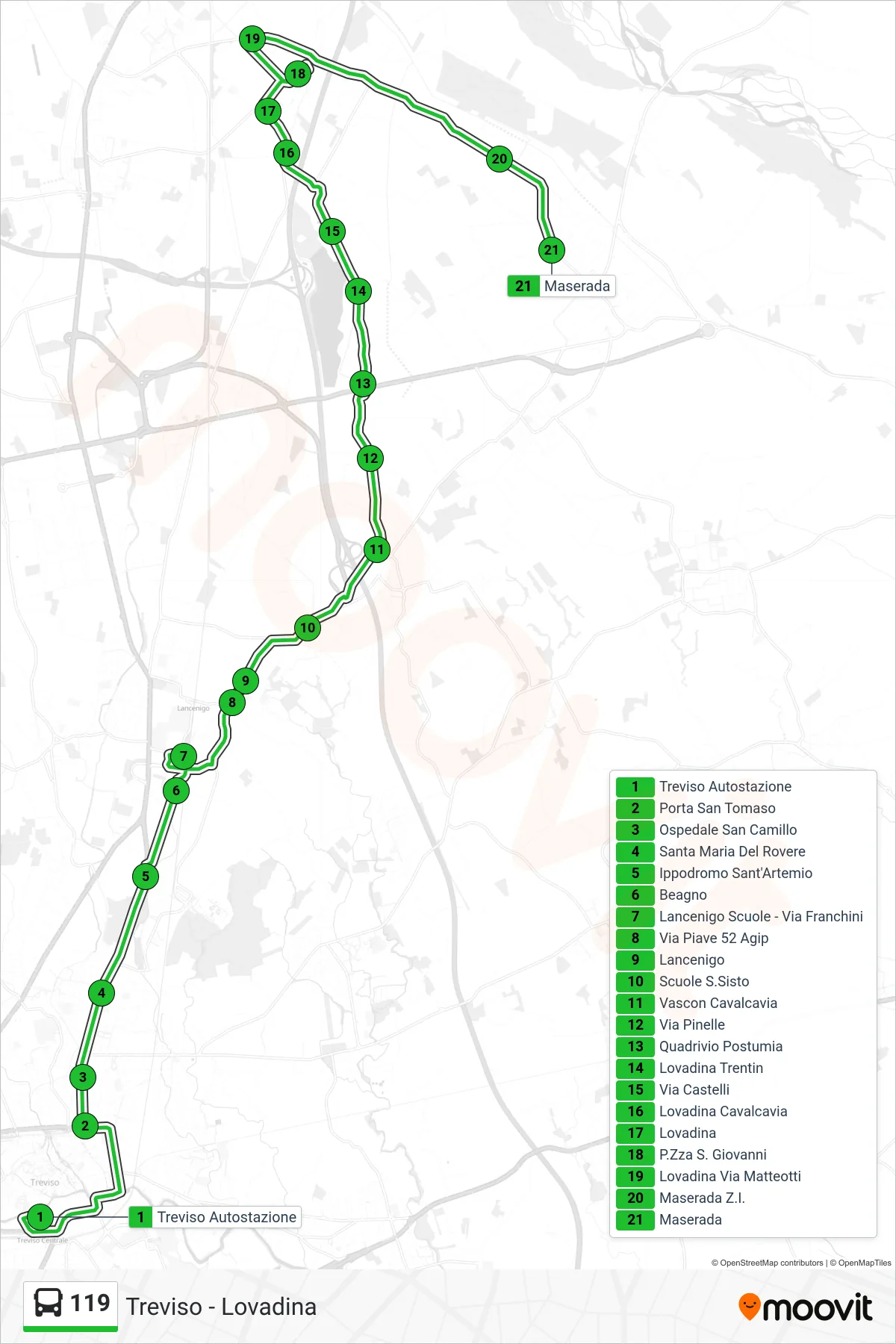 Linea 119  bus (Maserada) - Percorsi e fermate sulla mappa