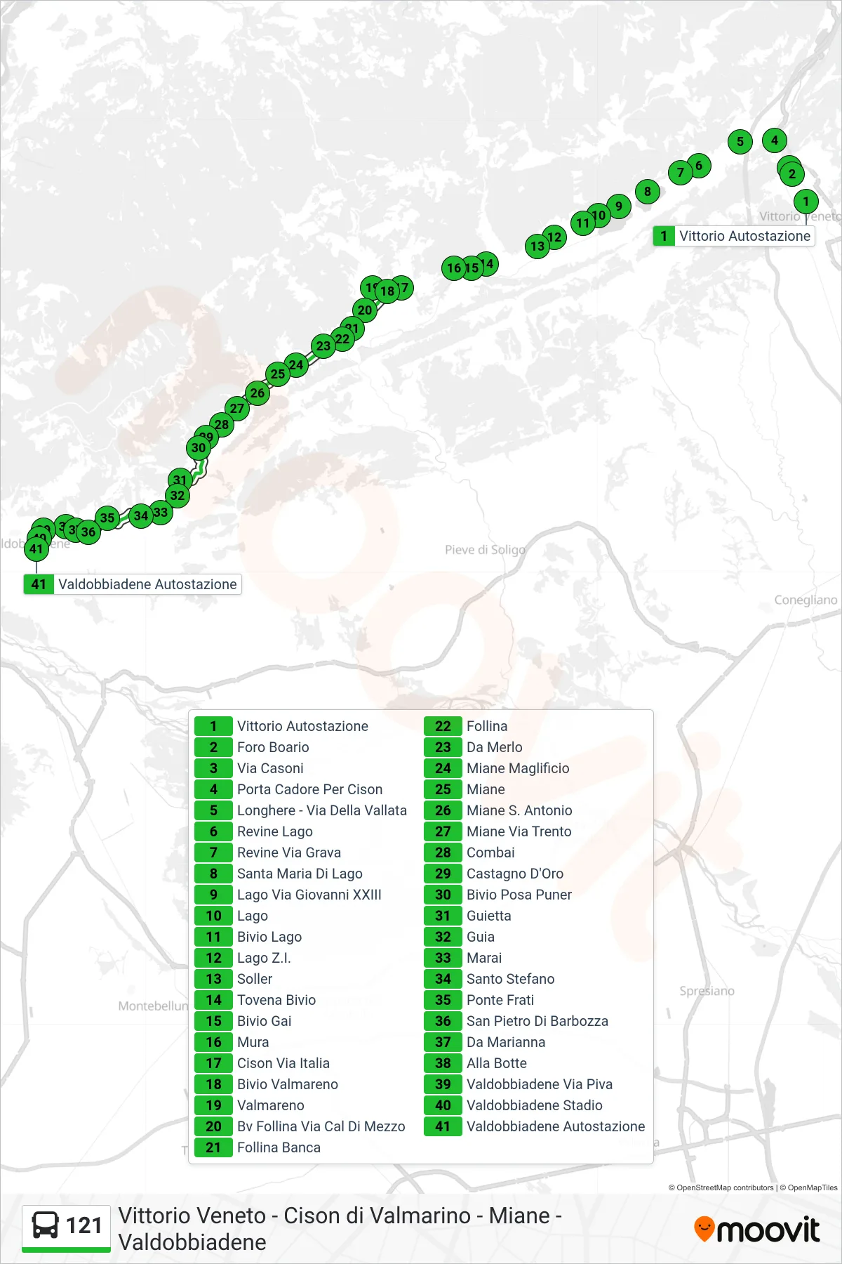 Linea 121 bus (Valdobbiadene Autostazione) - Percorsi e fermate sulla mappa