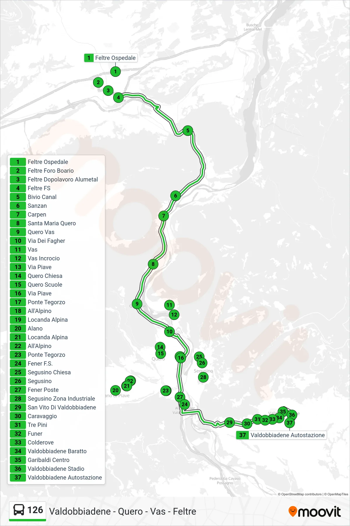 Linea 126  bus (Valdobbiadene Autostazione) - Percorsi e fermate sulla mappa