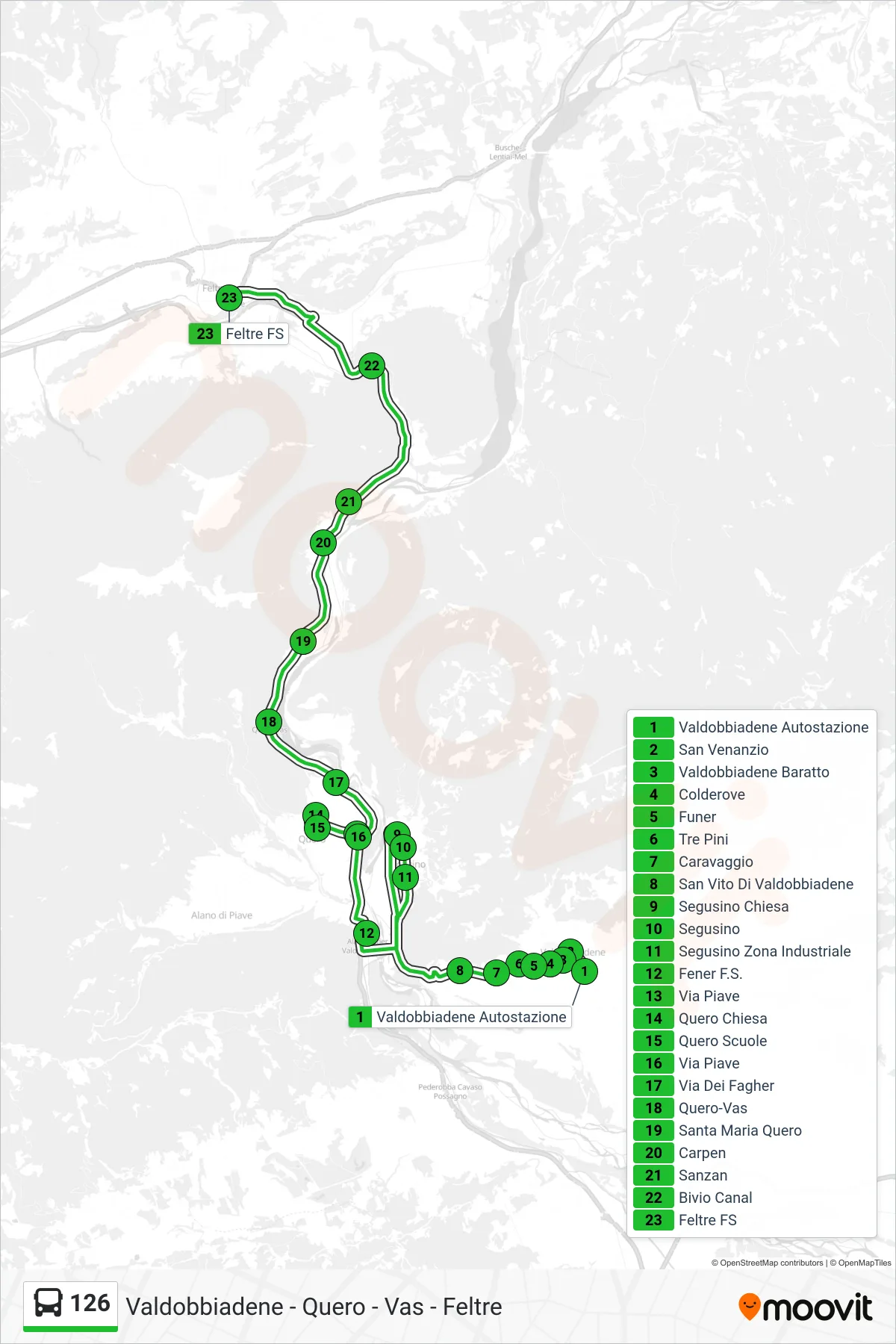 Linea 126  bus (Feltre FS) - Percorsi e fermate sulla mappa