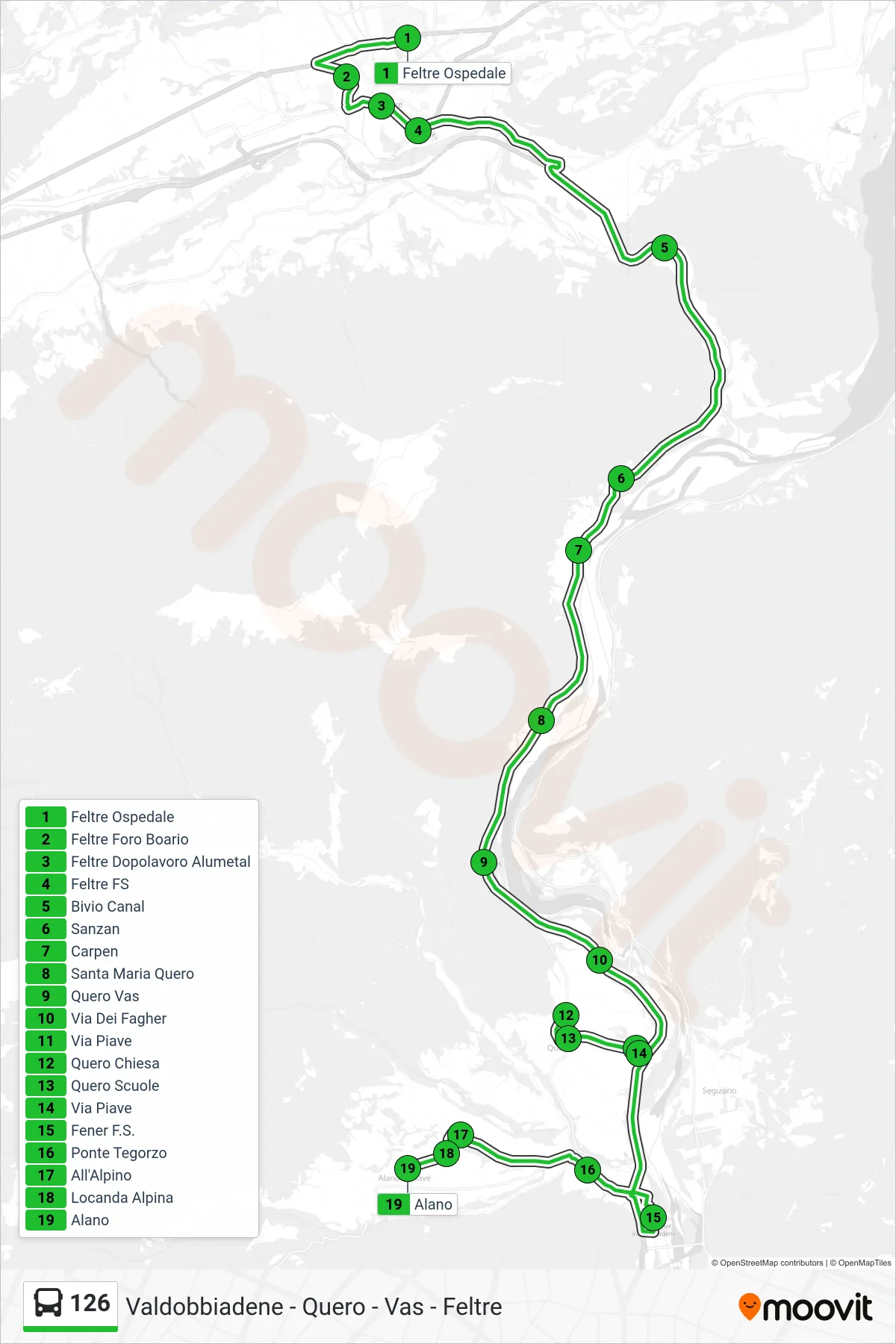 Linea 126  bus (Alano) - Percorsi e fermate sulla mappa