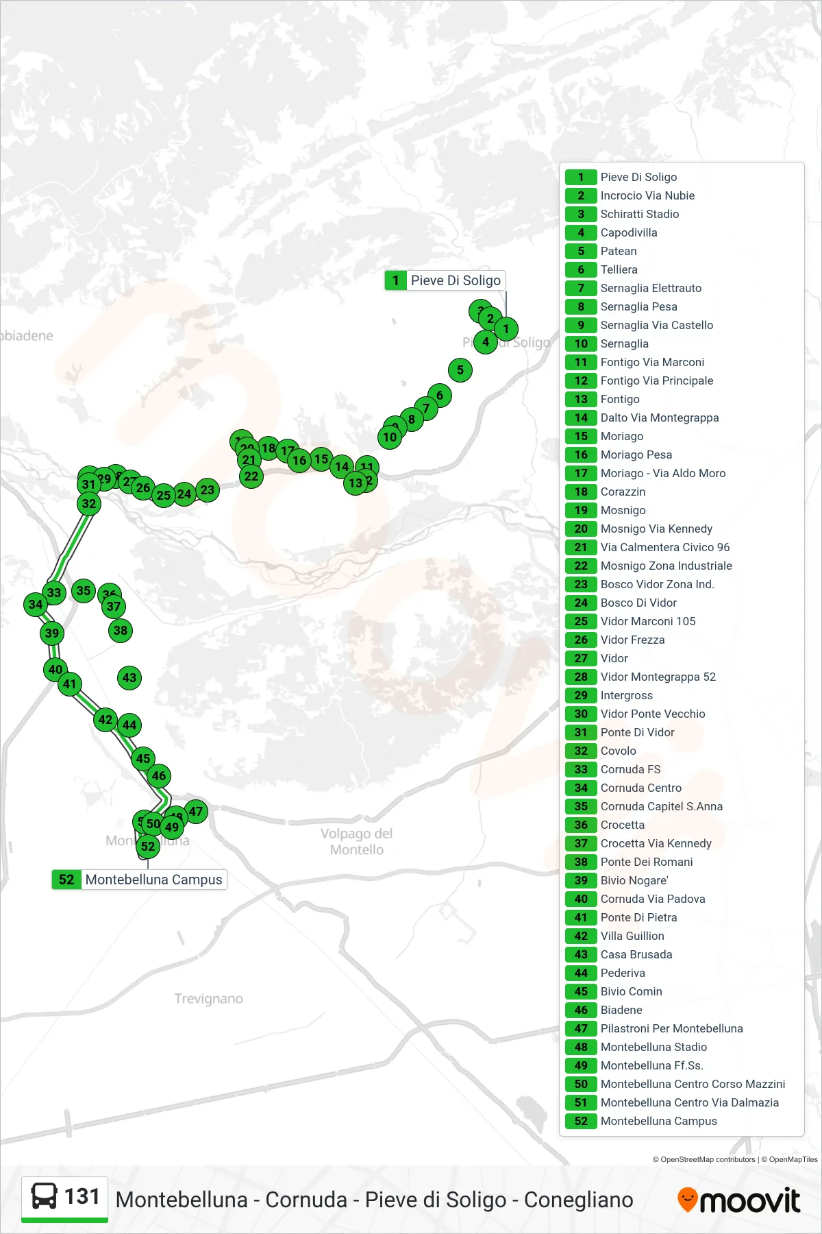 Linea 131 bus (Montebelluna Campus) - Percorsi e fermate sulla mappa