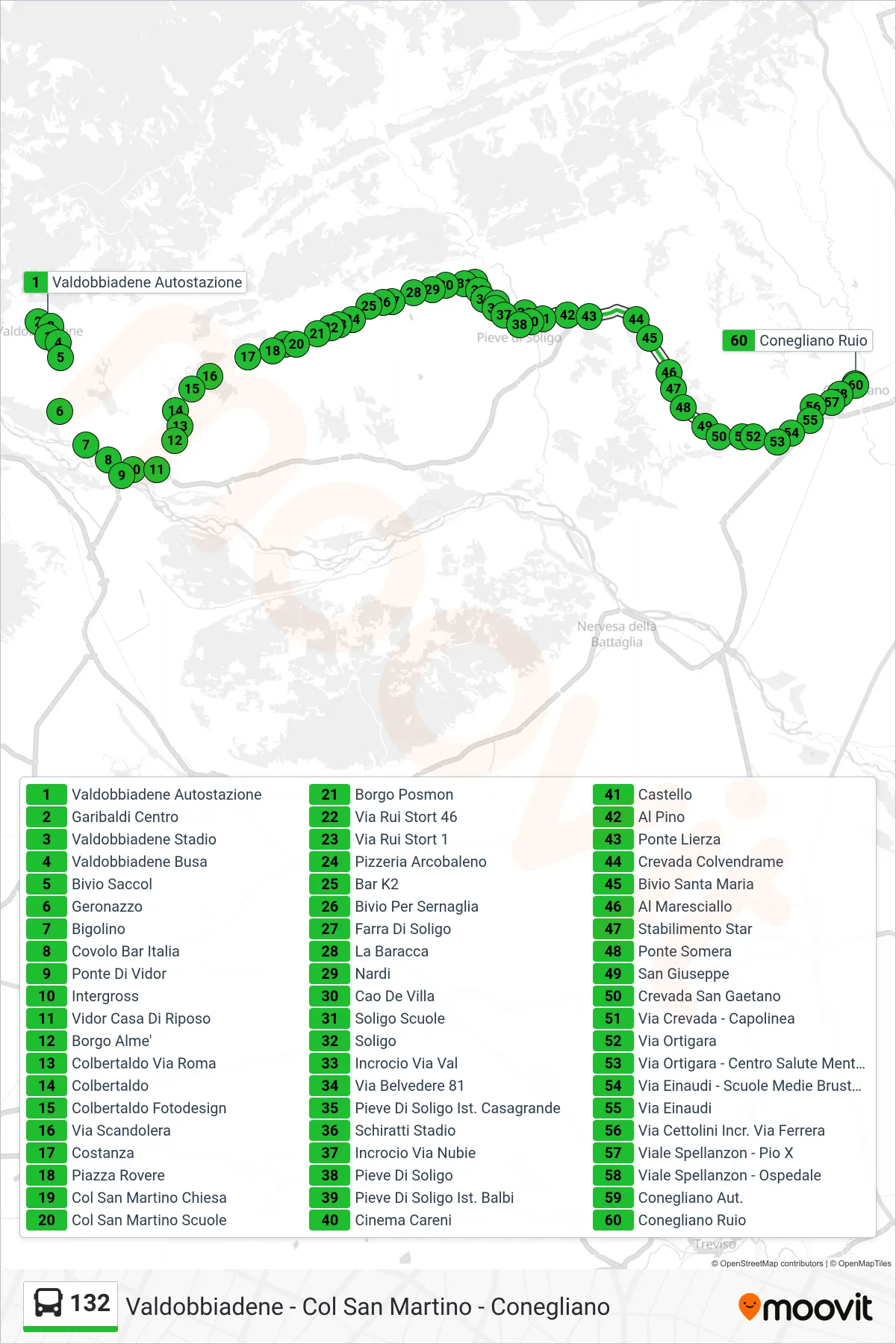 Linea 132 bus (Conegliano Ruio) - Percorsi e fermate sulla mappa