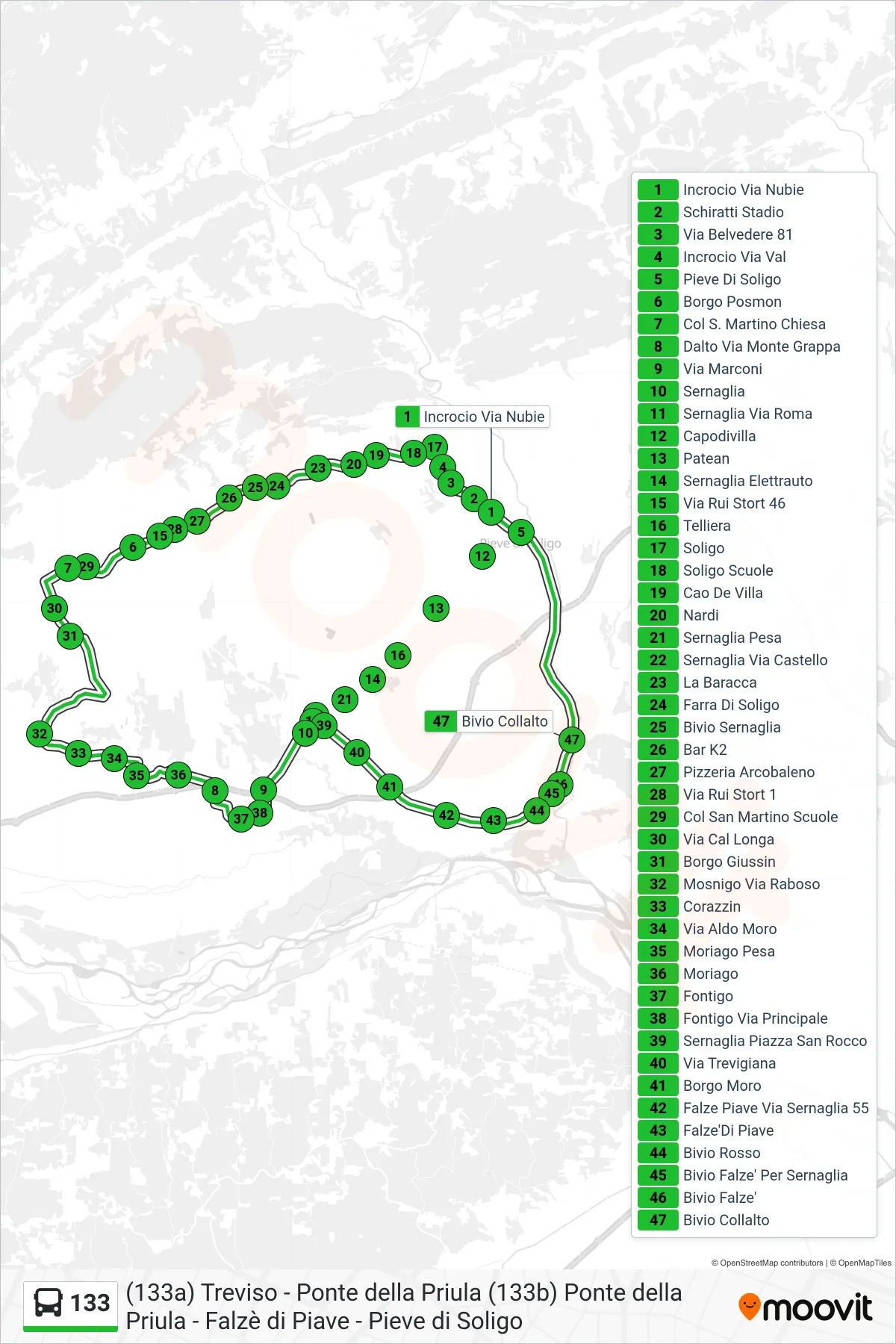 Linea 133  bus (Pieve Di Soligo) - Percorsi e fermate sulla mappa