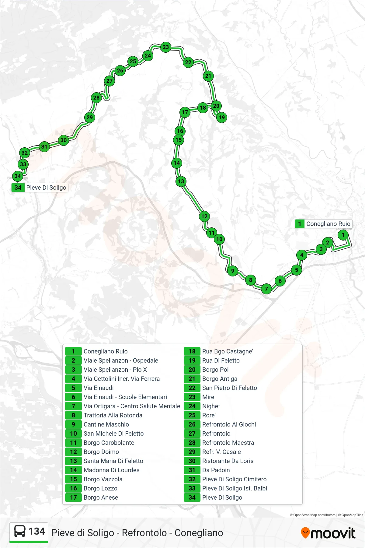 Linea 134 bus (Pieve Di Soligo) - Percorsi e fermate sulla mappa