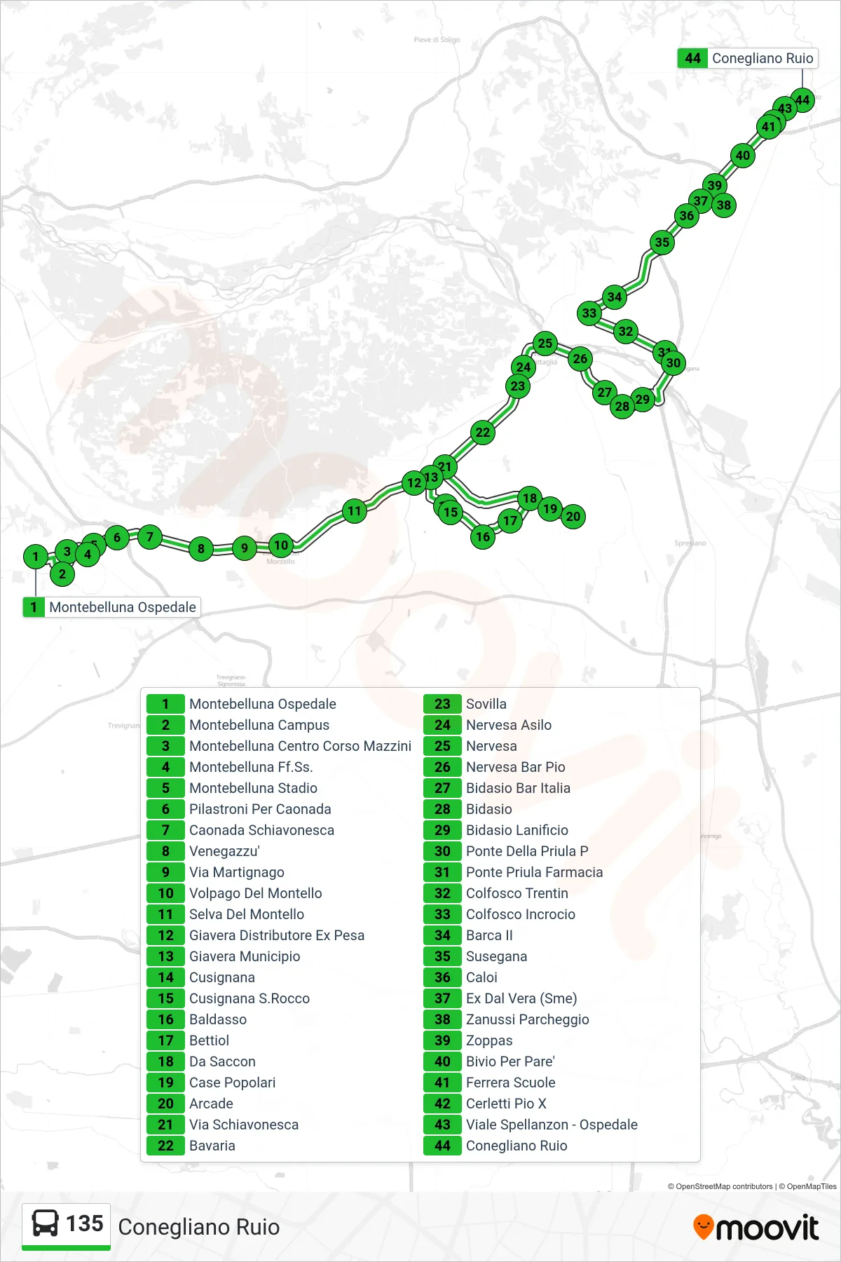 Linea 135 bus (Conegliano Ruio) - Percorsi e fermate sulla mappa