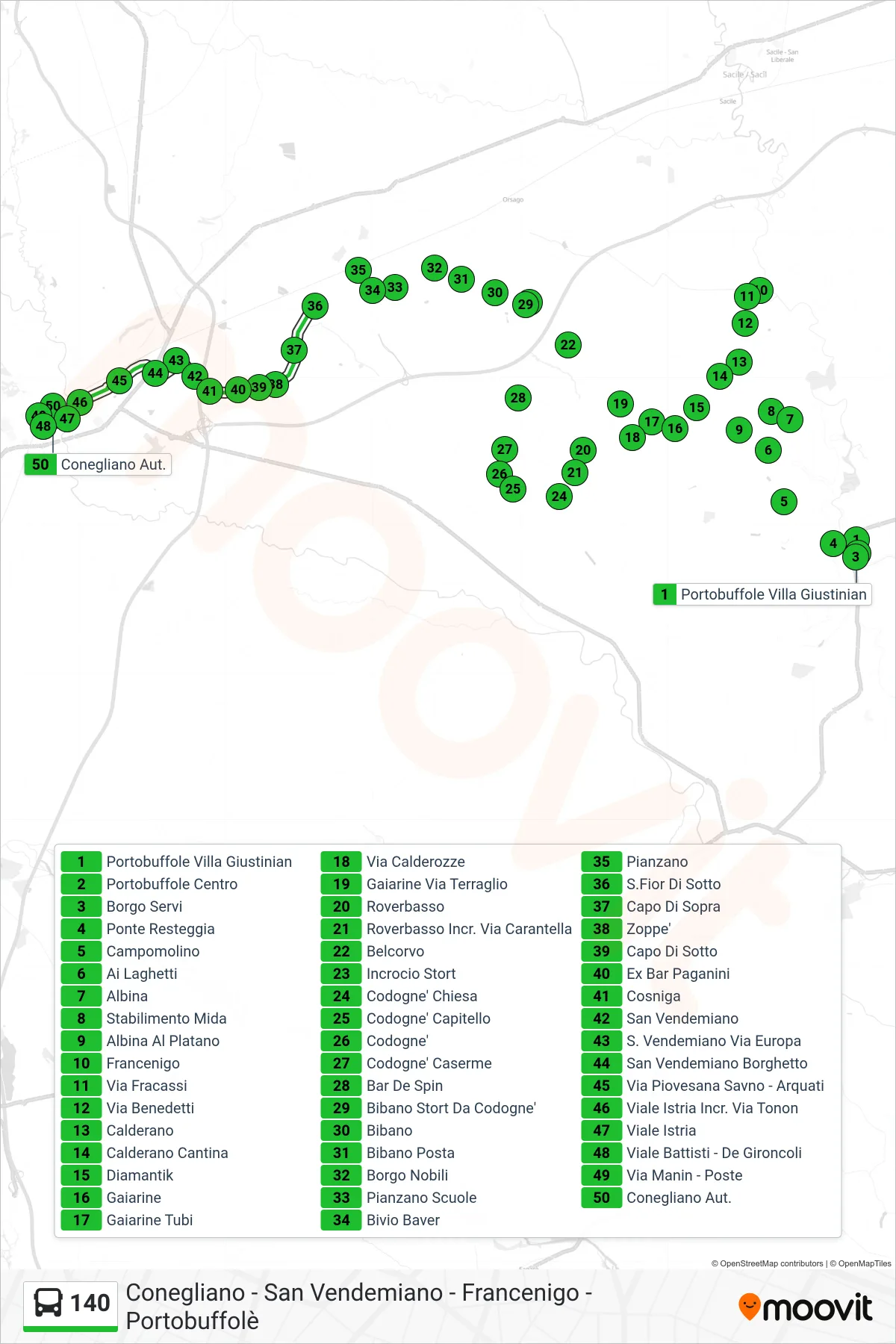 Linea 140  bus (Conegliano Aut.) - Percorsi e fermate sulla mappa