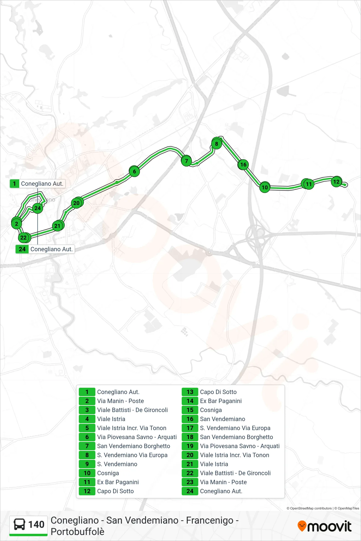 Linea 140  bus (Conegliano Aut.) - Percorsi e fermate sulla mappa