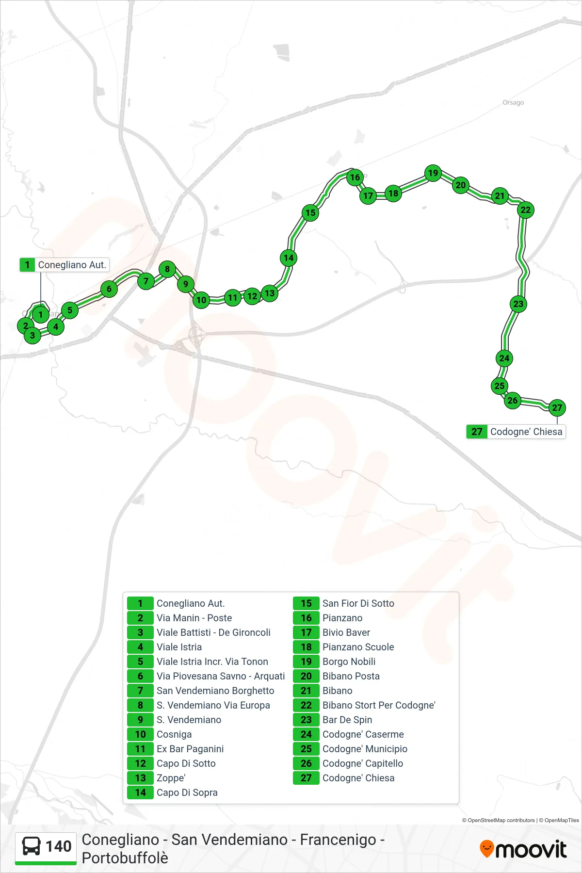 Linea 140  bus (Codogne' Chiesa) - Percorsi e fermate sulla mappa