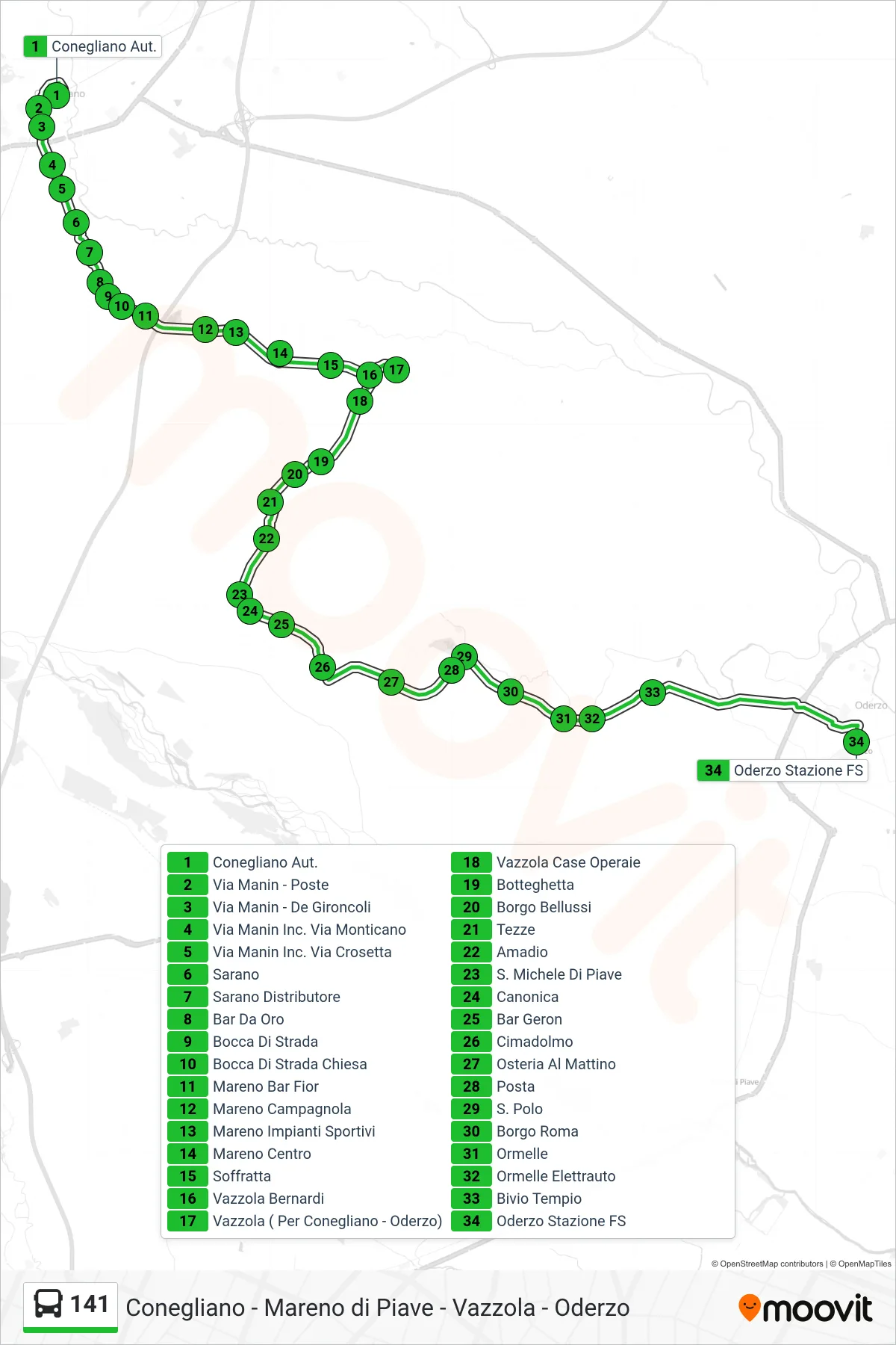 Linea 141 bus (Oderzo Stazione FS) - Percorsi e fermate sulla mappa
