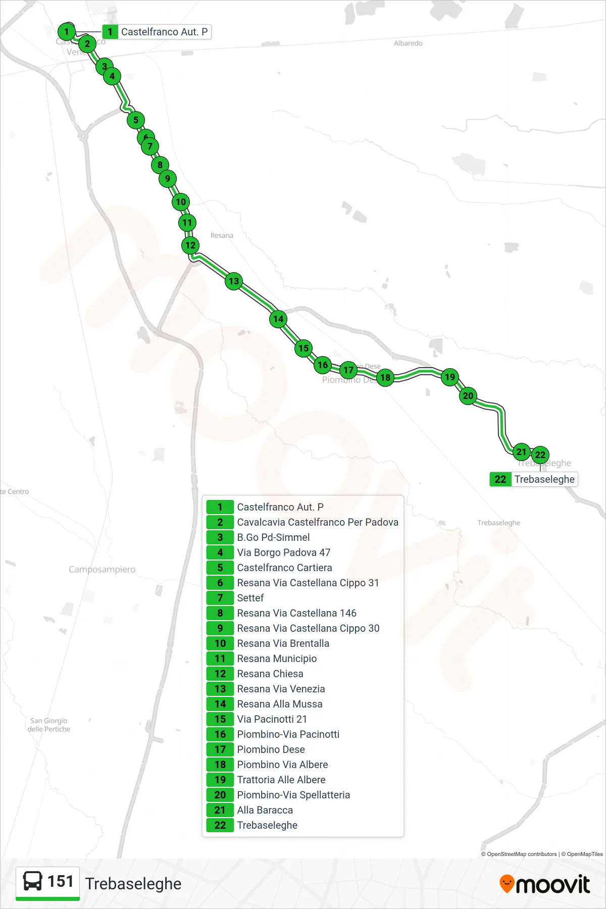 Linea 151 bus (Trebaseleghe) - Percorsi e fermate sulla mappa