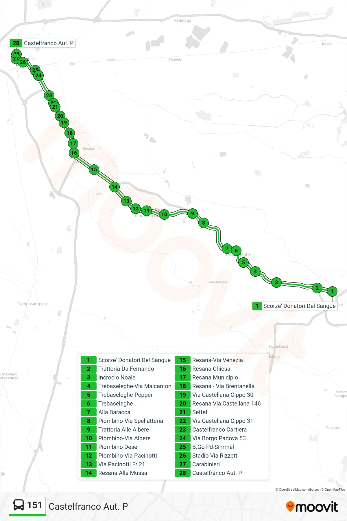 Linea 151 bus (Castelfranco Aut. P) - Percorsi e fermate sulla mappa