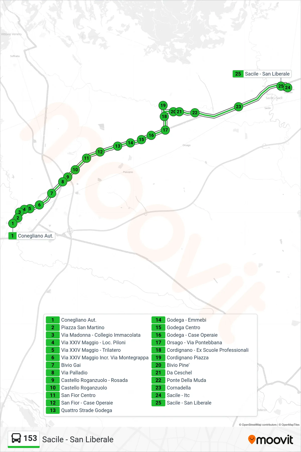 Linea 153 bus (Sacile - San Liberale) - Percorsi e fermate sulla mappa