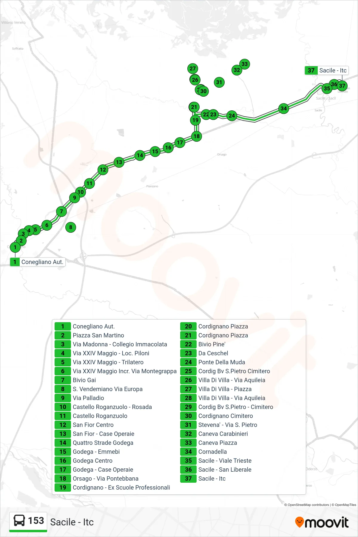 Linea 153  bus (Sacile - Itc) - Percorsi e fermate sulla mappa
