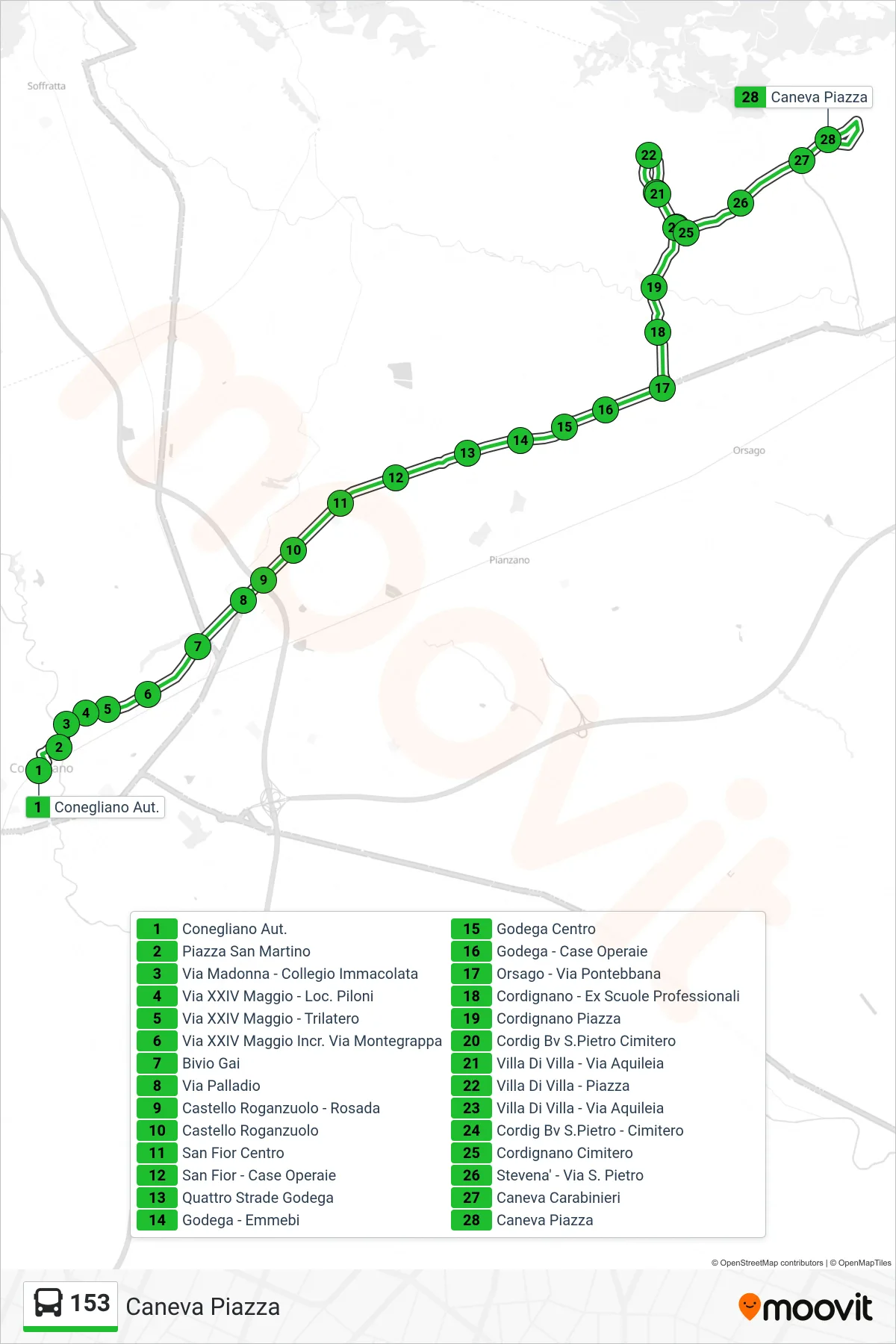 Linea 153  bus (Caneva Piazza) - Percorsi e fermate sulla mappa