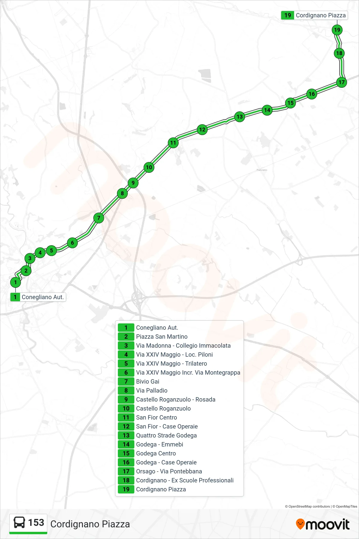 Linea 153  bus (Cordignano Piazza) - Percorsi e fermate sulla mappa