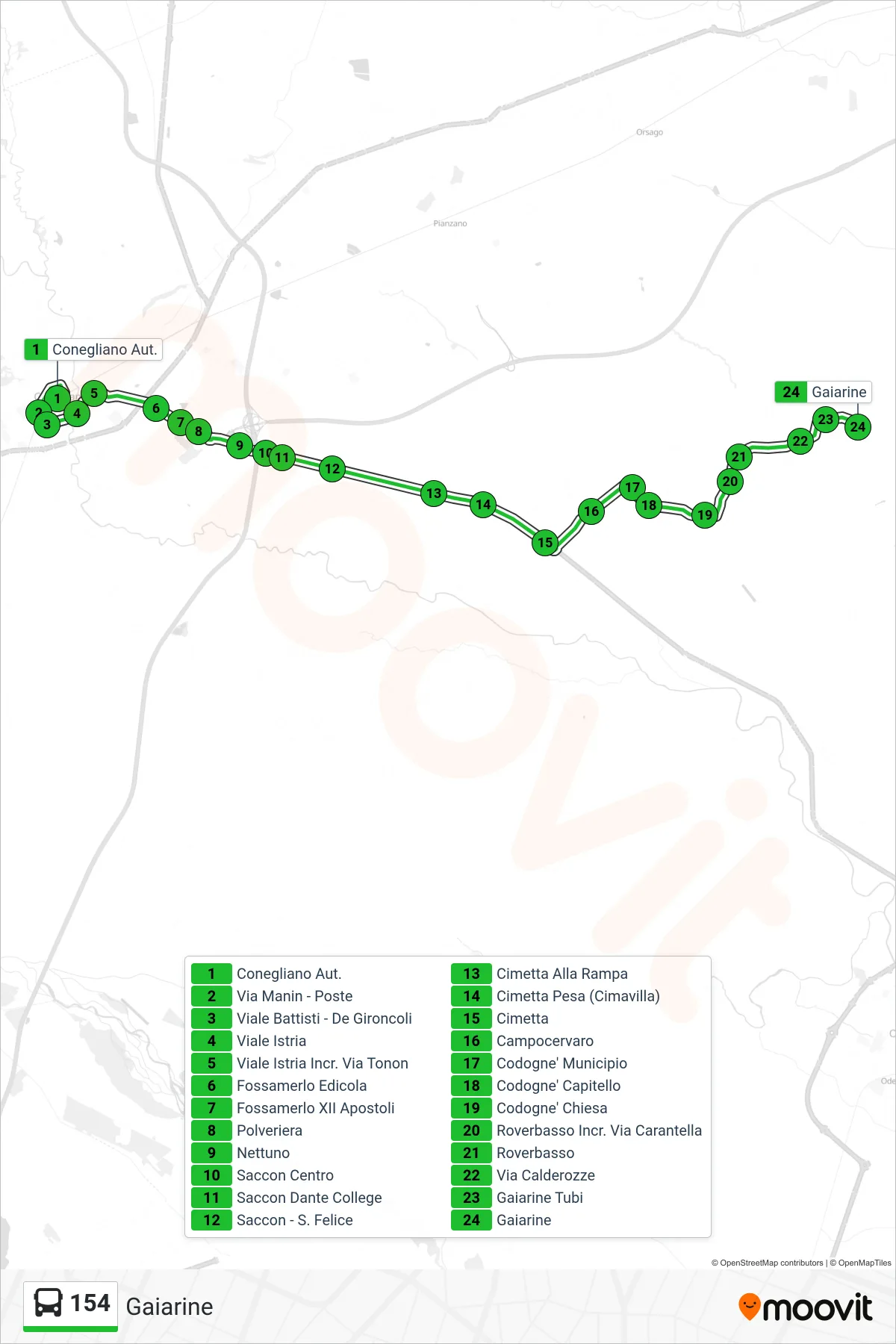 Linea 154  bus (Gaiarine) - Percorsi e fermate sulla mappa