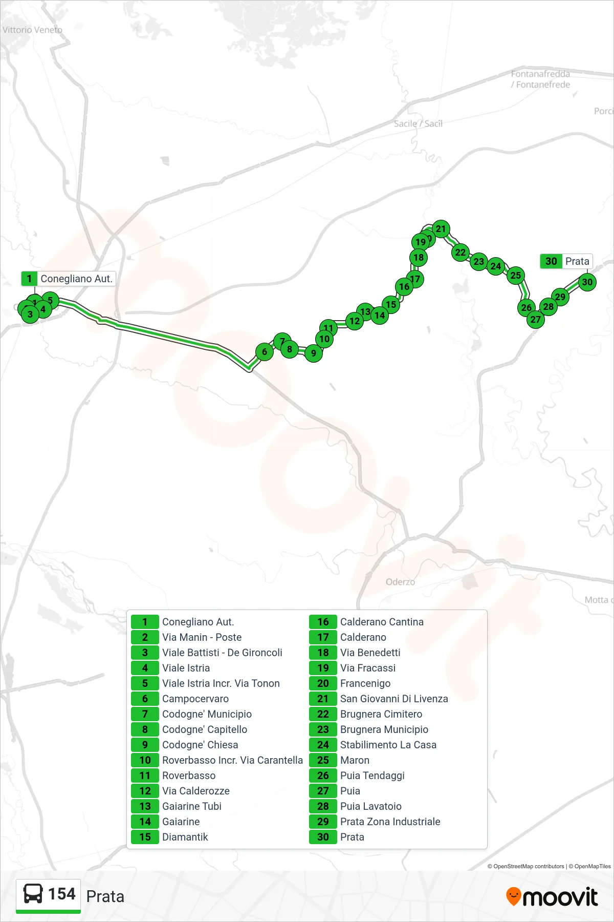 Linea 154  bus (Prata) - Percorsi e fermate sulla mappa