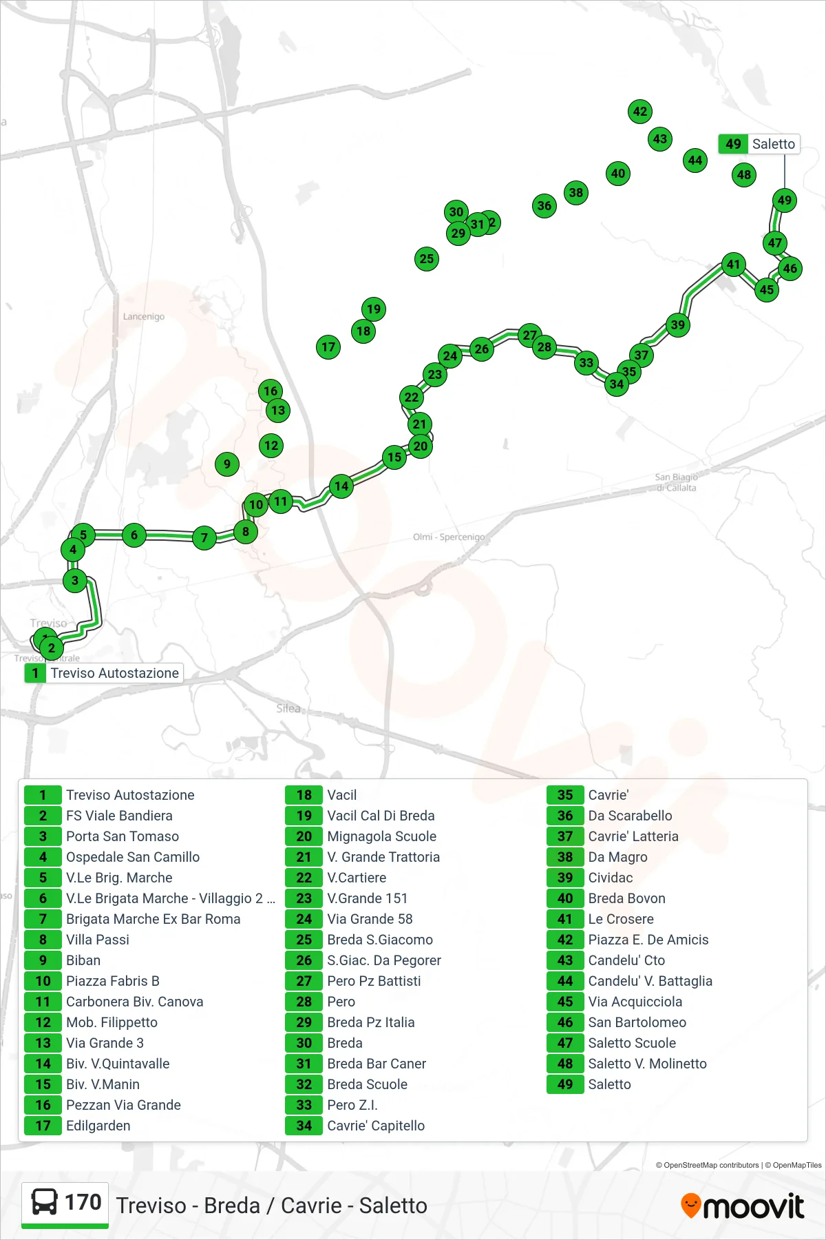 Linea 170 bus (Saletto) - Percorsi e fermate sulla mappa