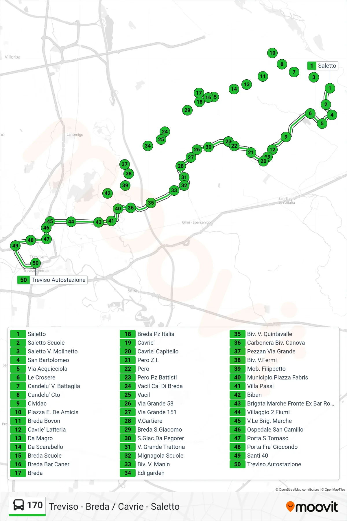 Linea 170 bus (Treviso Autostazione) - Percorsi e fermate sulla mappa
