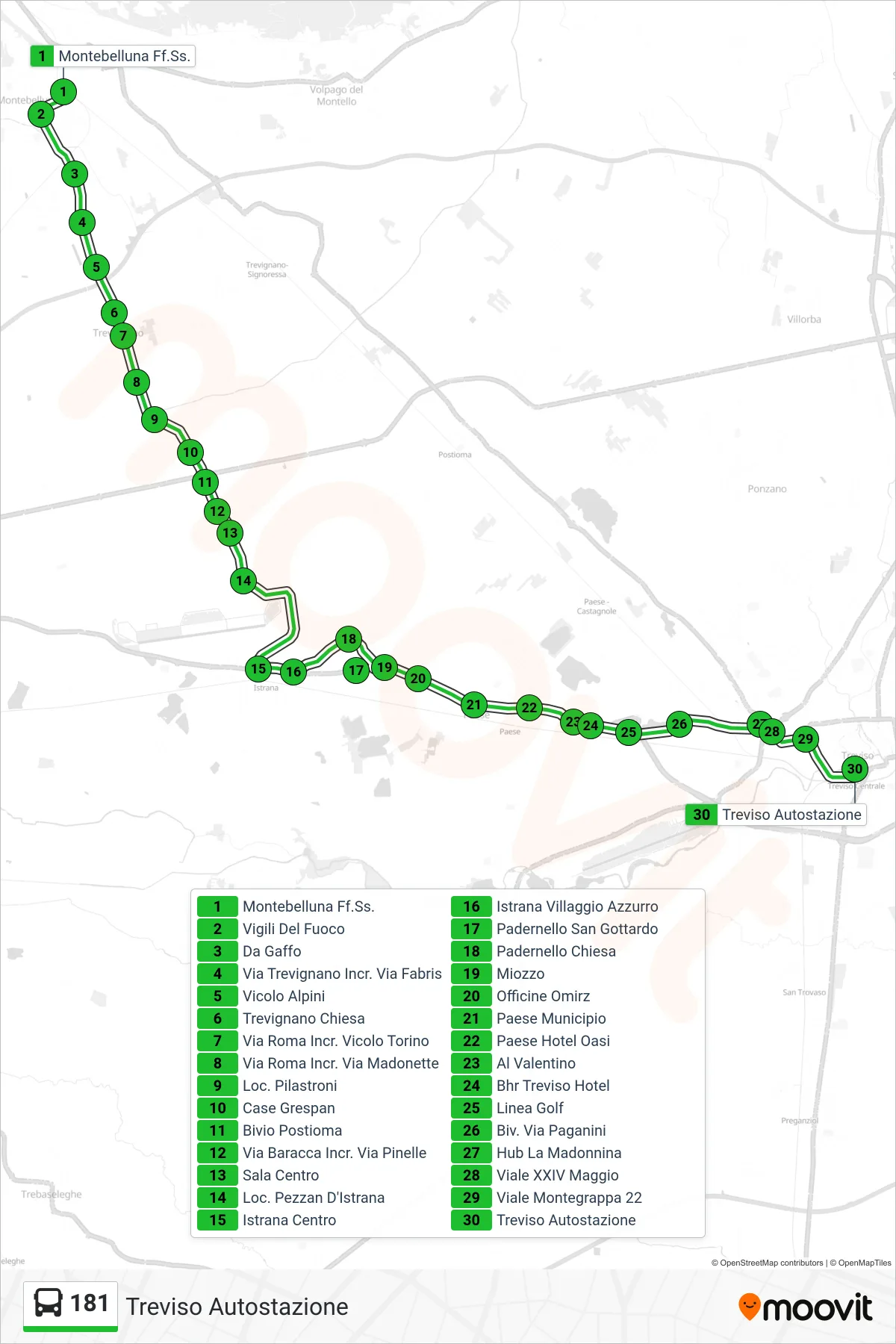 Linea 181  bus (Treviso Autostazione) - Percorsi e fermate sulla mappa