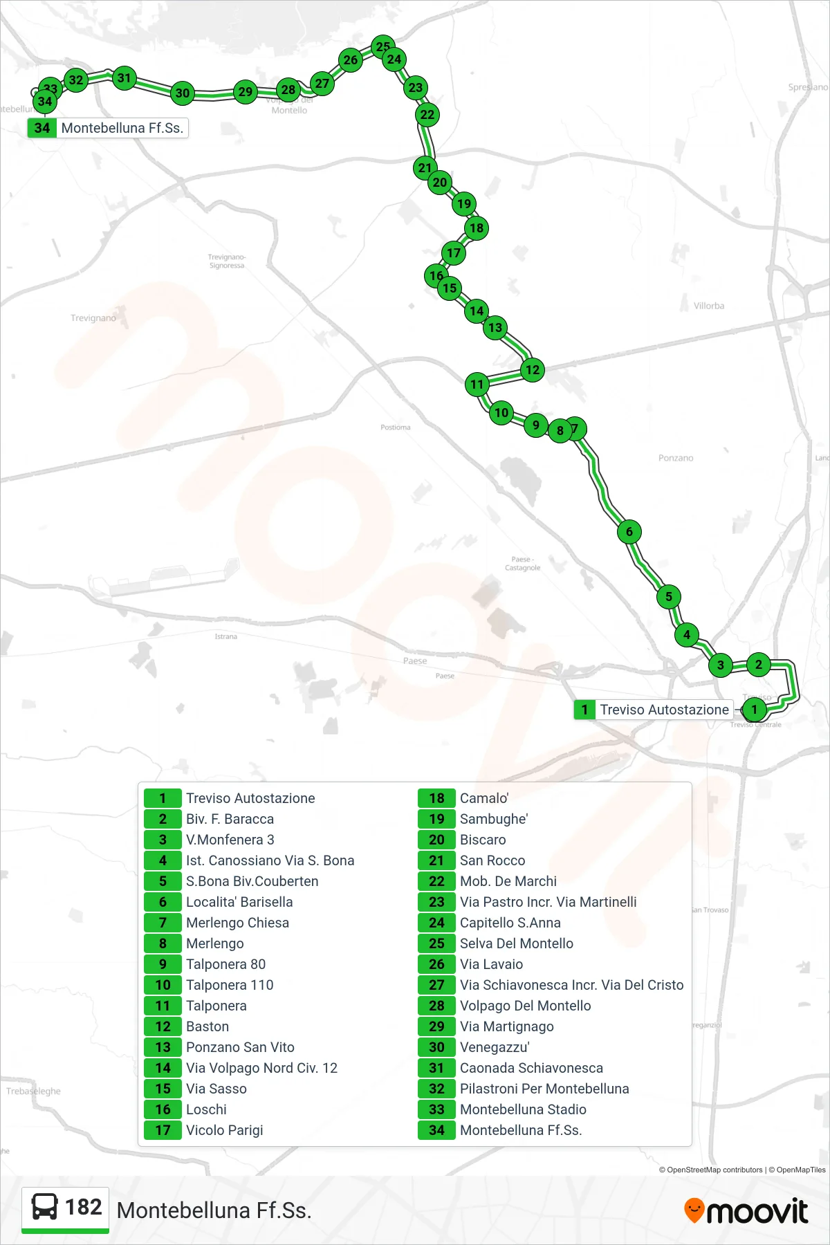 Linea 182  bus (Montebelluna Ff.Ss.) - Percorsi e fermate sulla mappa