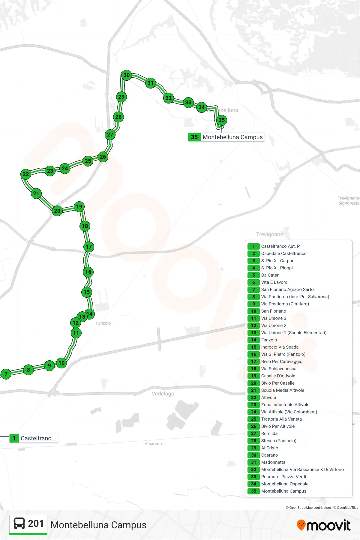 Linea 201 bus (Montebelluna Campus) - Percorsi e fermate sulla mappa