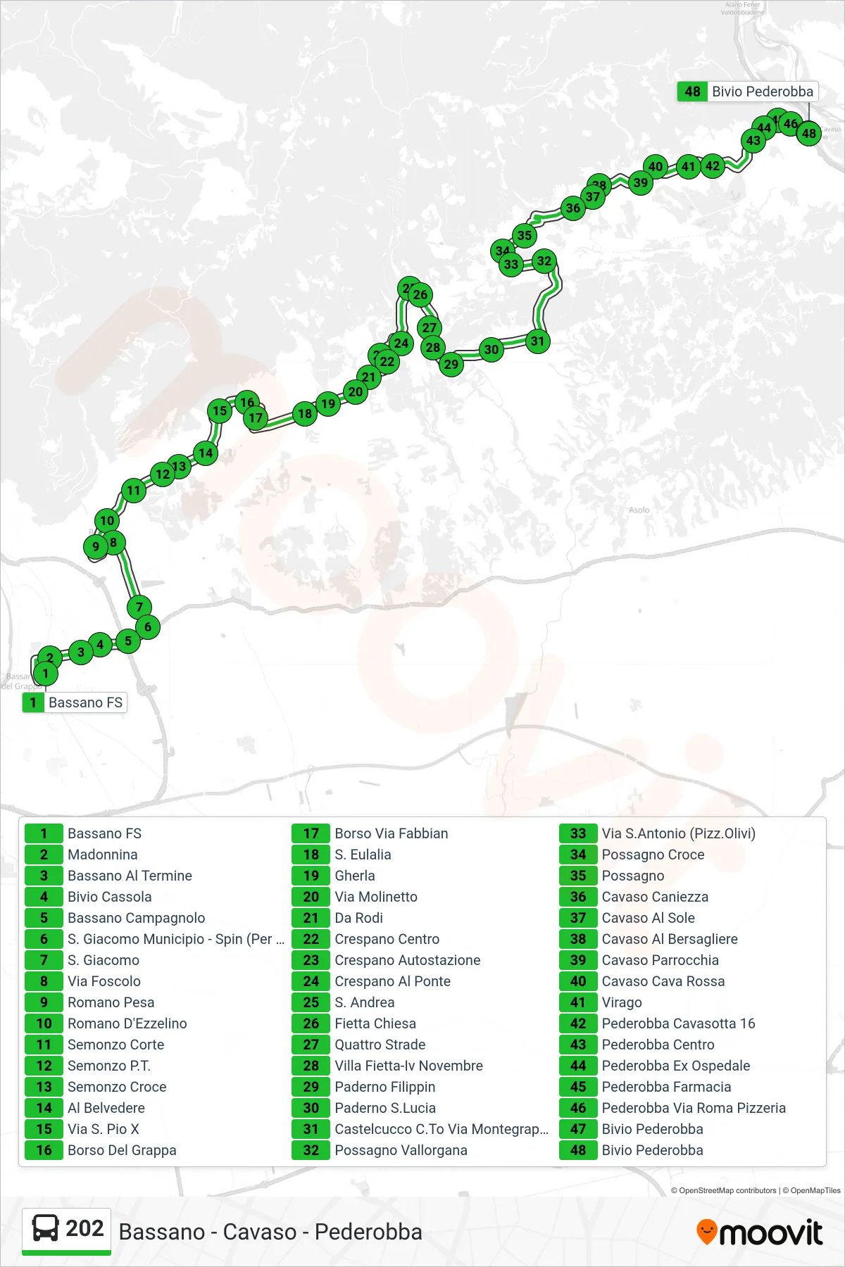 Linea 202 bus (Bivio Pederobba) - Percorsi e fermate sulla mappa