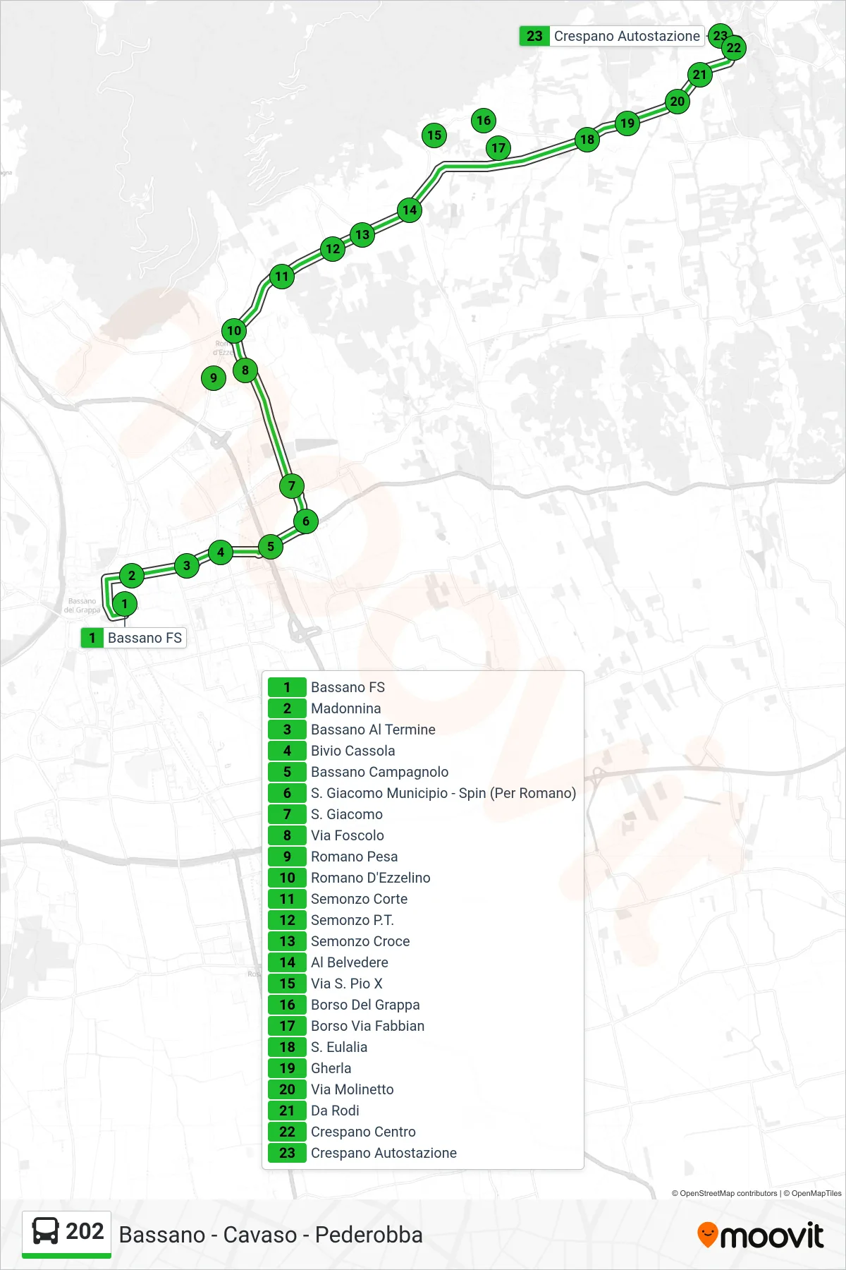 Linea 202 bus (Crespano Autostazione) - Percorsi e fermate sulla mappa