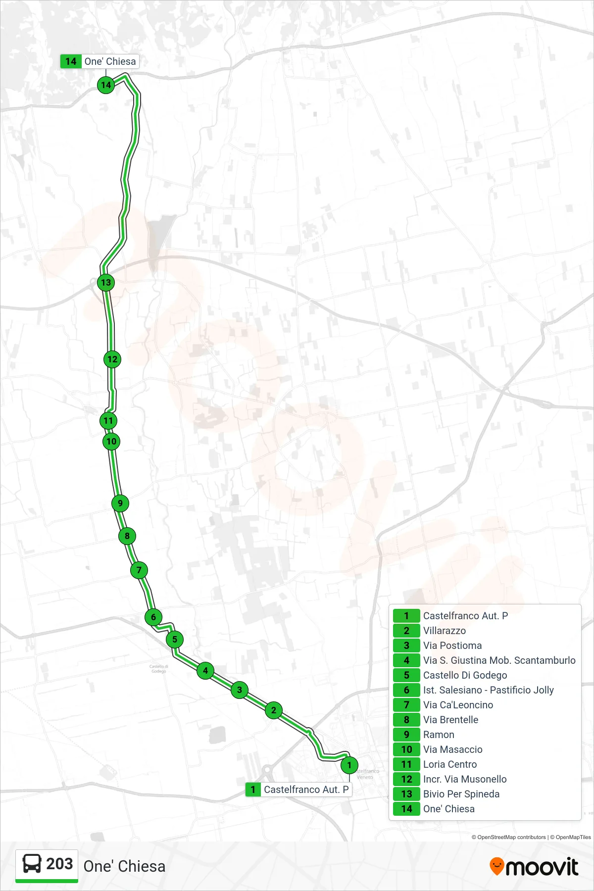 Linea 203 bus (One' Chiesa) - Percorsi e fermate sulla mappa