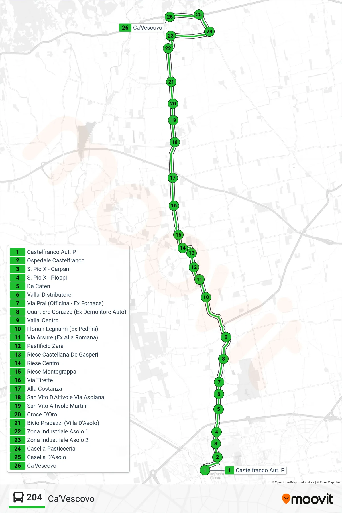 Linea 204  bus (Ca'Vescovo) - Percorsi e fermate sulla mappa