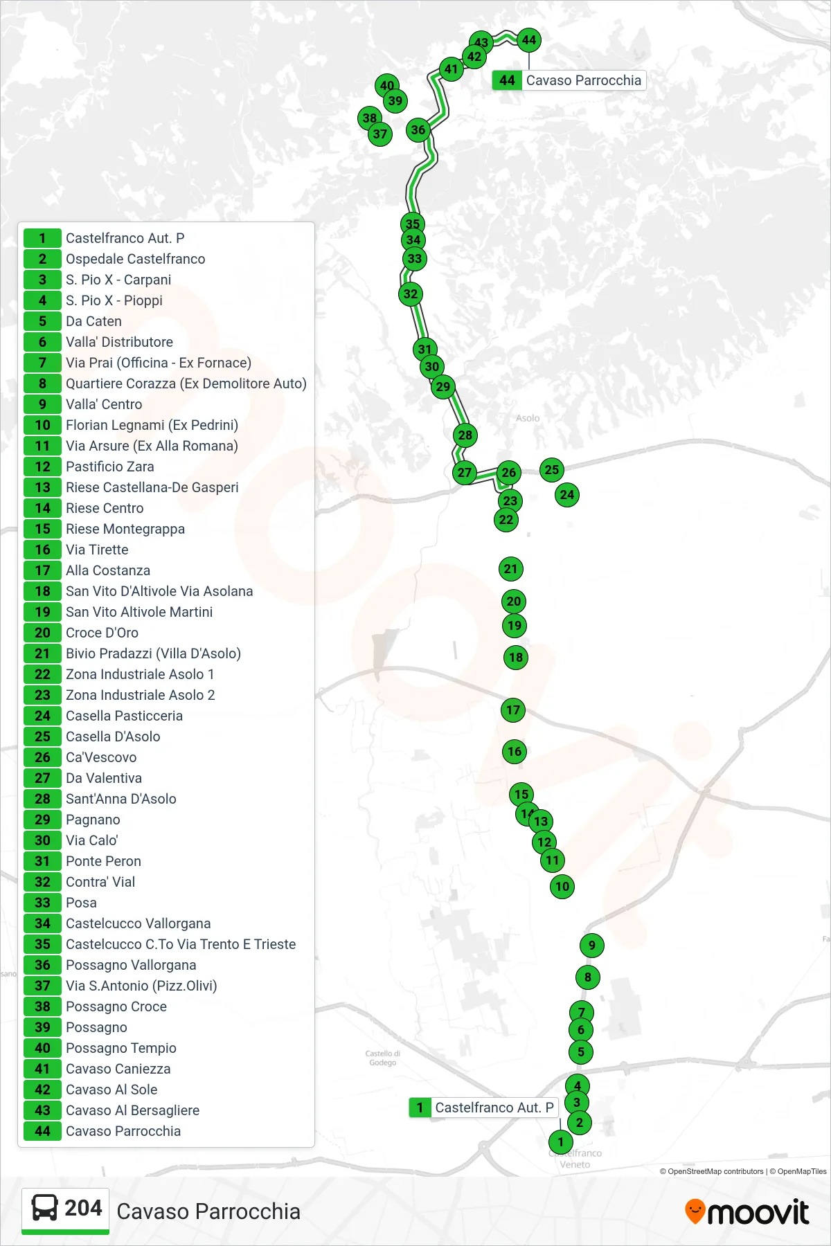 Linea 204 bus (Cavaso Parrocchia) - Percorsi e fermate sulla mappa