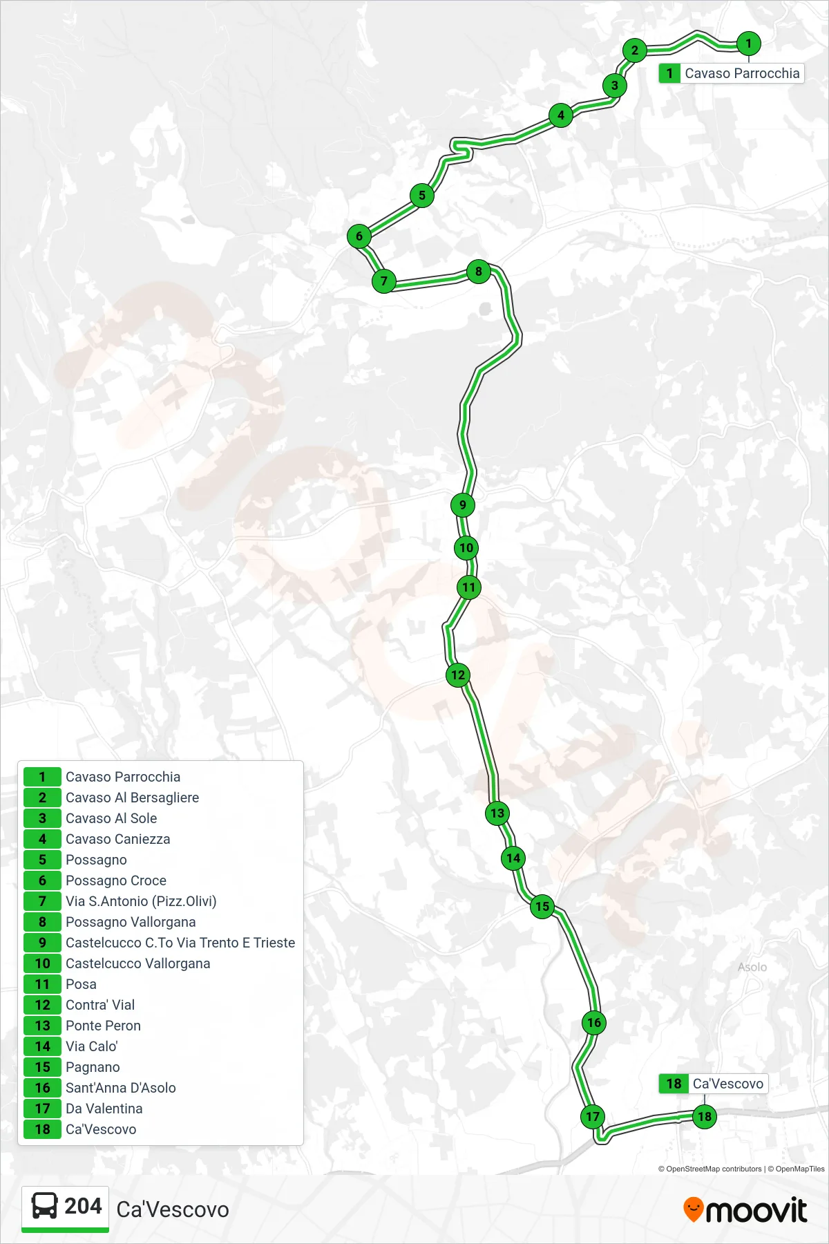 Linea 204 bus (Ca'Vescovo) - Percorsi e fermate sulla mappa