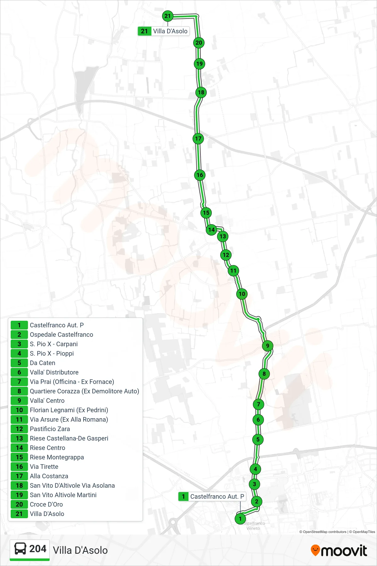 Linea 204  bus (Villa D'Asolo) - Percorsi e fermate sulla mappa