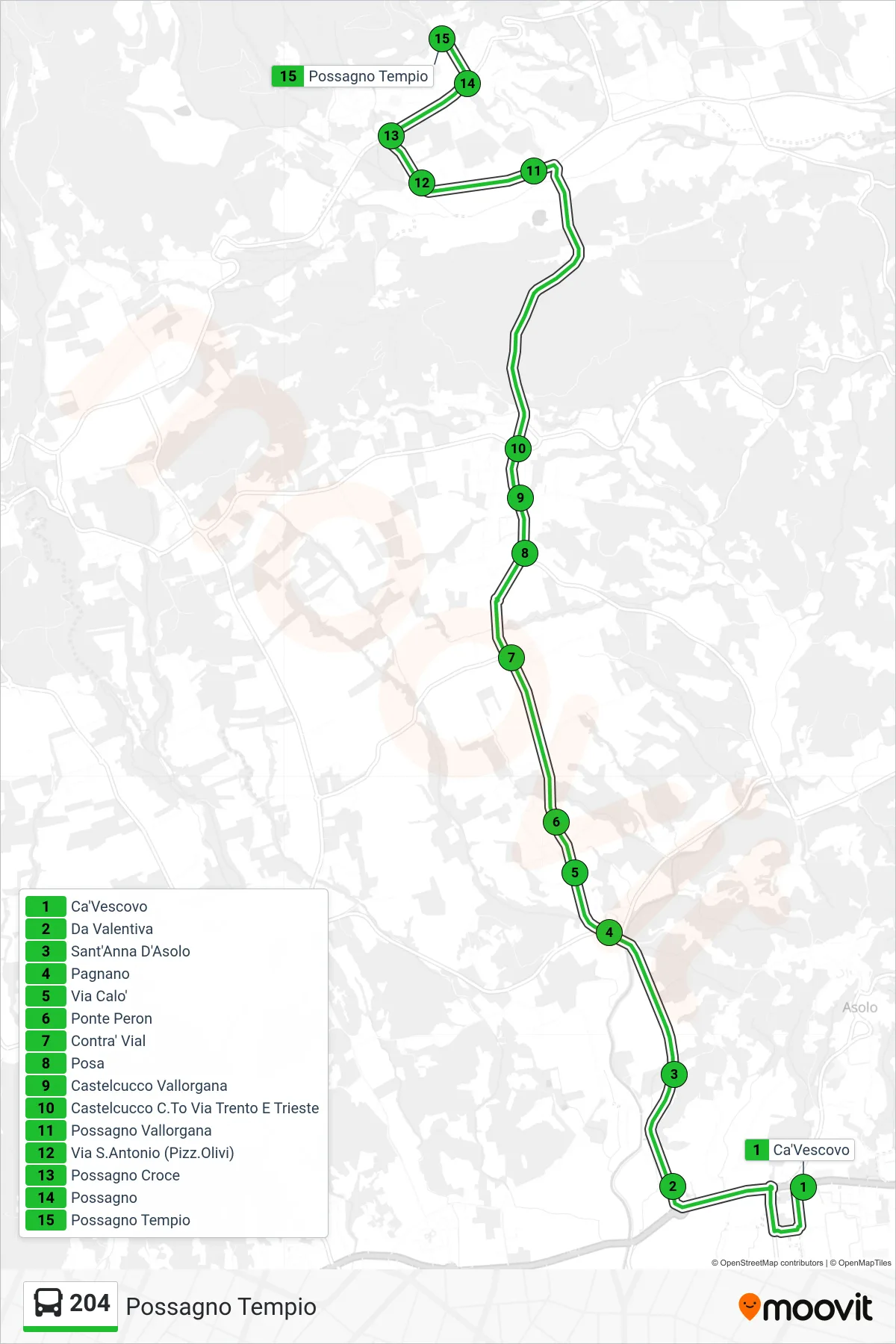 Linea 204 bus (Possagno Tempio) - Percorsi e fermate sulla mappa