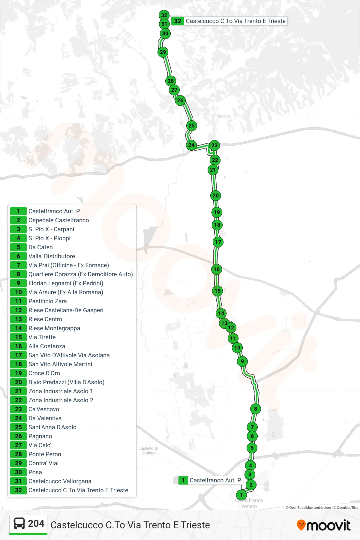 Linea 204  bus (Castelcucco C.To Via Trento E Trieste) - Percorsi e fermate sulla mappa
