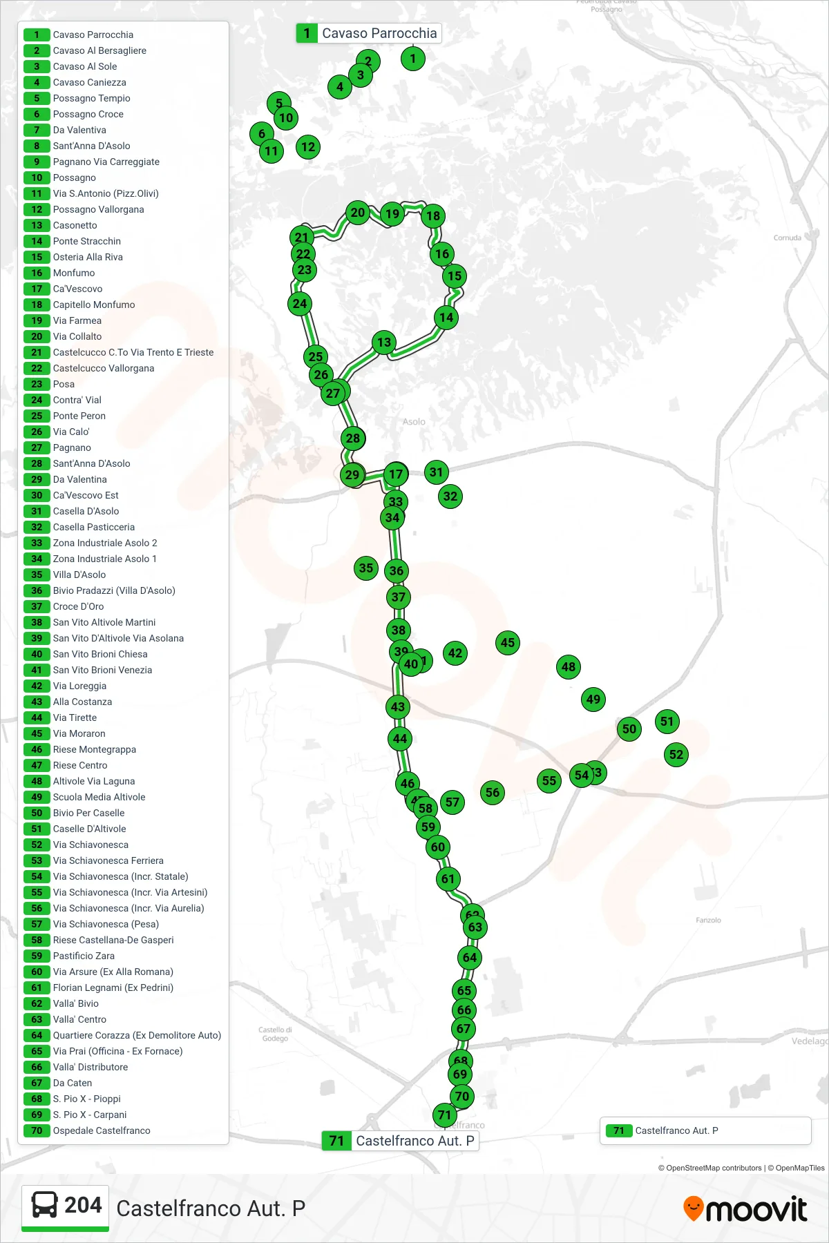 Linea 204 bus (Castelfranco Aut. P) - Percorsi e fermate sulla mappa