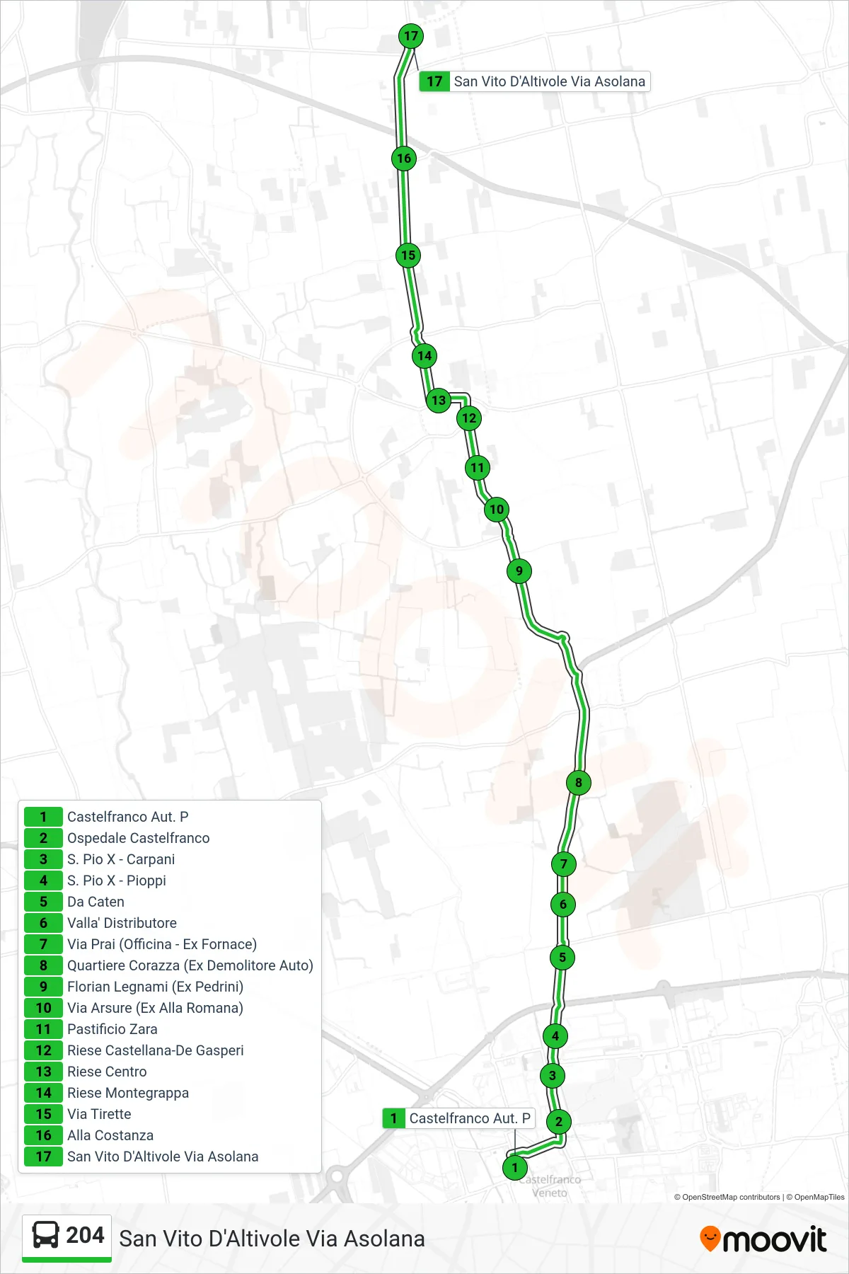 Linea 204 bus (San Vito D'Altivole Via Asolana) - Percorsi e fermate sulla mappa