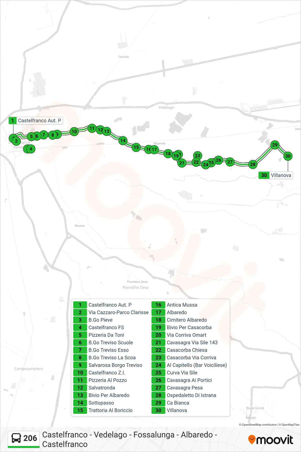 Linea 206 bus (Villanova) - Percorsi e fermate sulla mappa