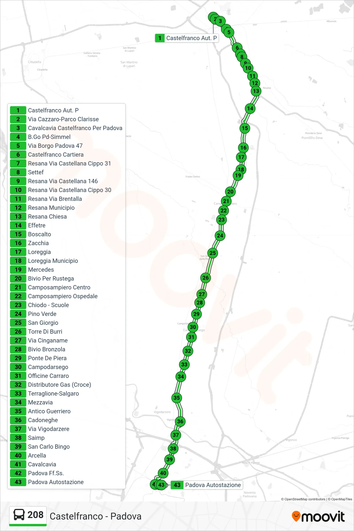 Linea 208  bus (Padova Autostazione) - Percorsi e fermate sulla mappa