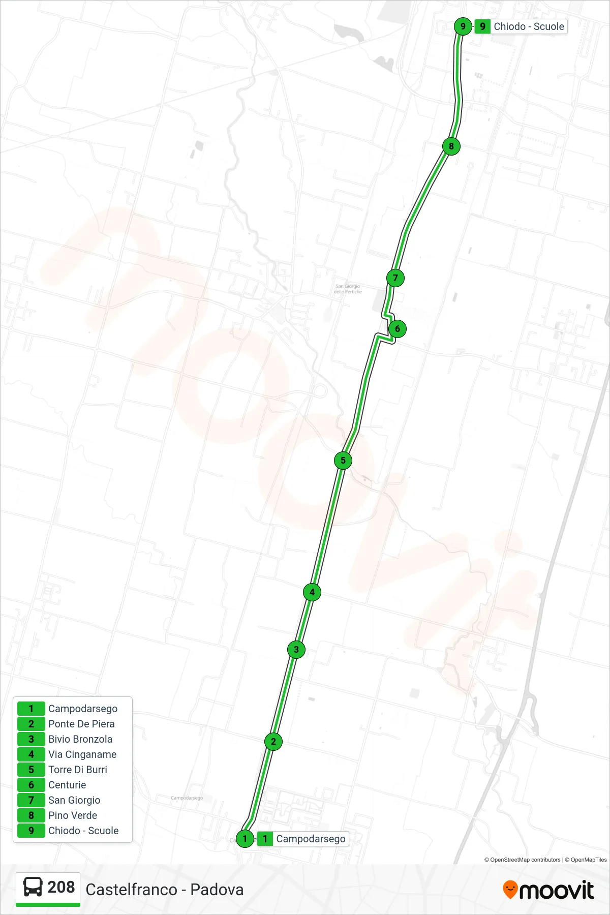 Linea 208  bus (Chiodo - Scuole) - Percorsi e fermate sulla mappa