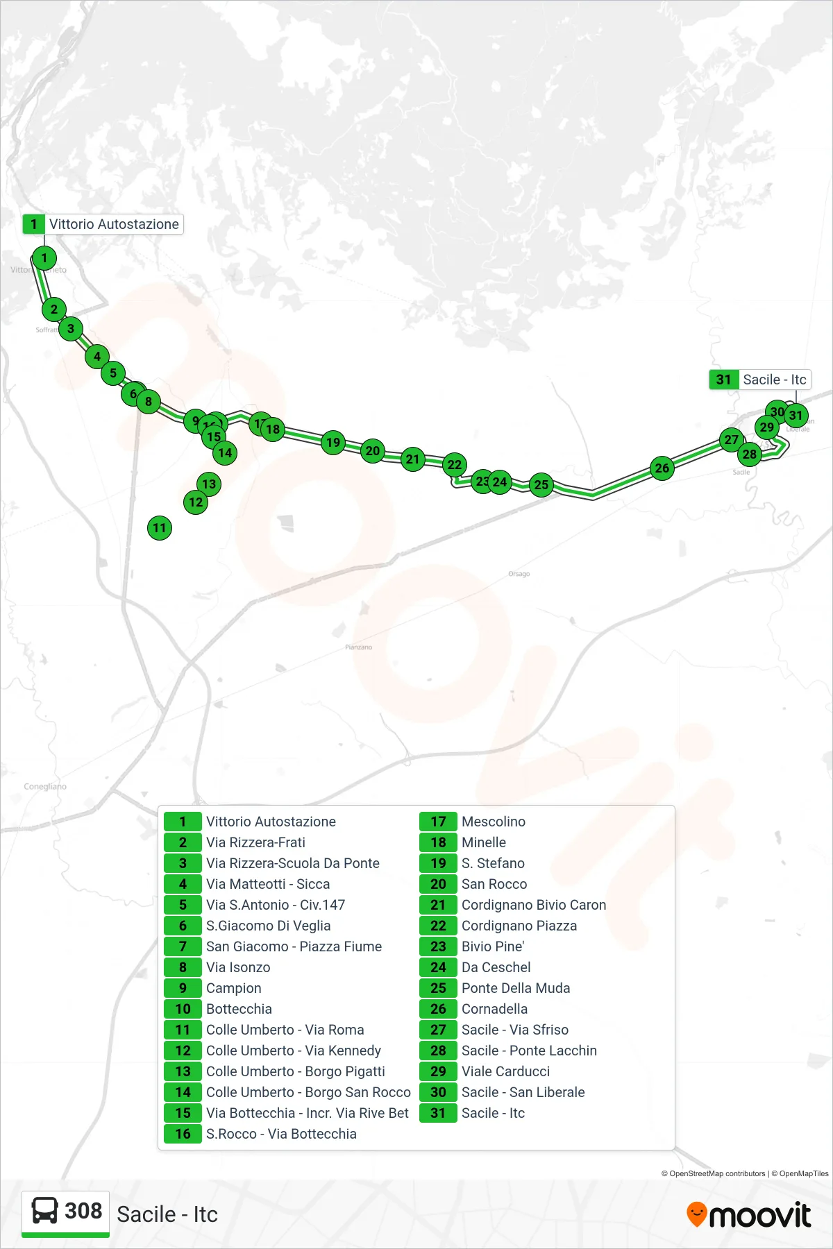 Linea 308  bus (Sacile - Itc) - Percorsi e fermate sulla mappa