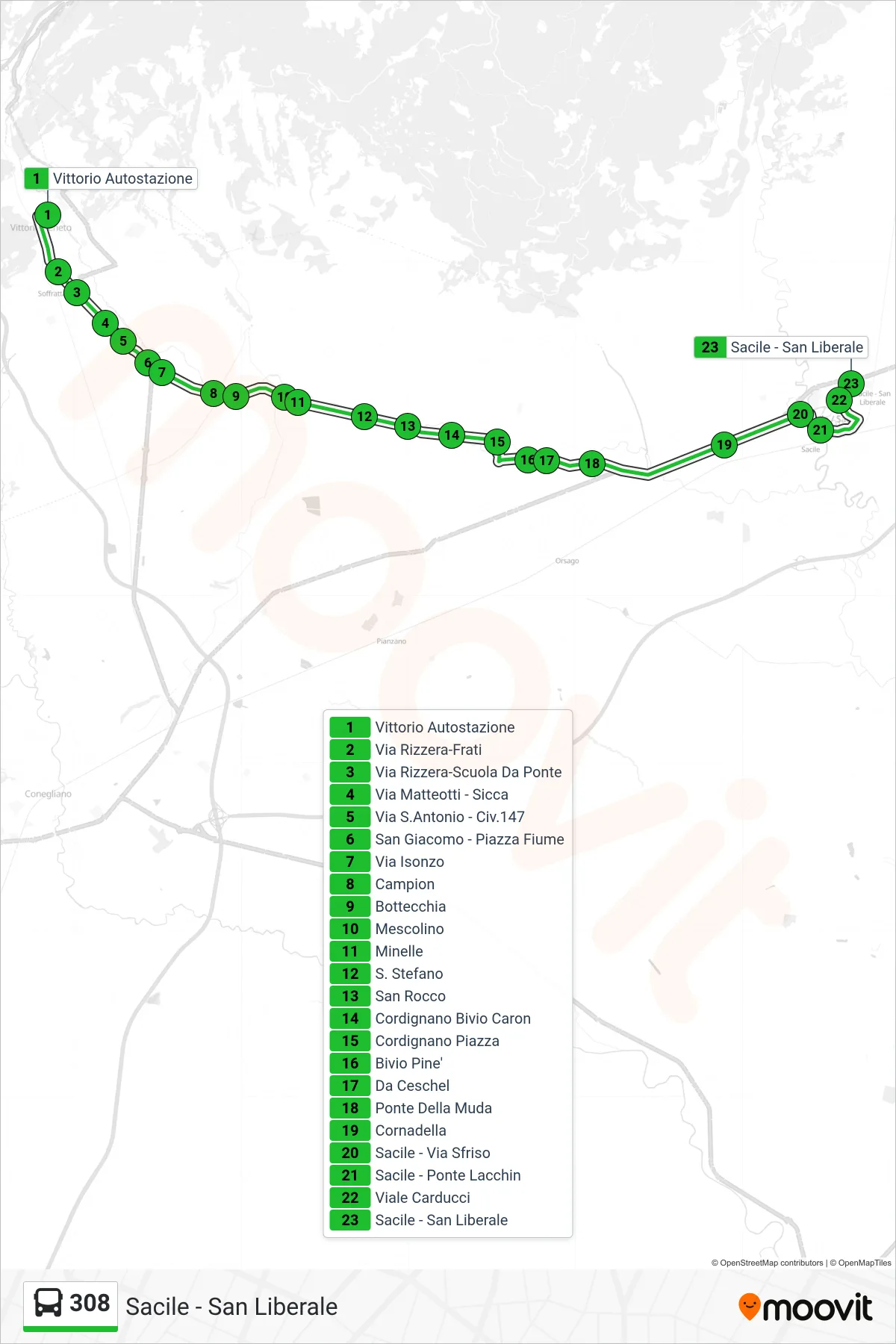 Linea 308 bus (Sacile - San Liberale) - Percorsi e fermate sulla mappa