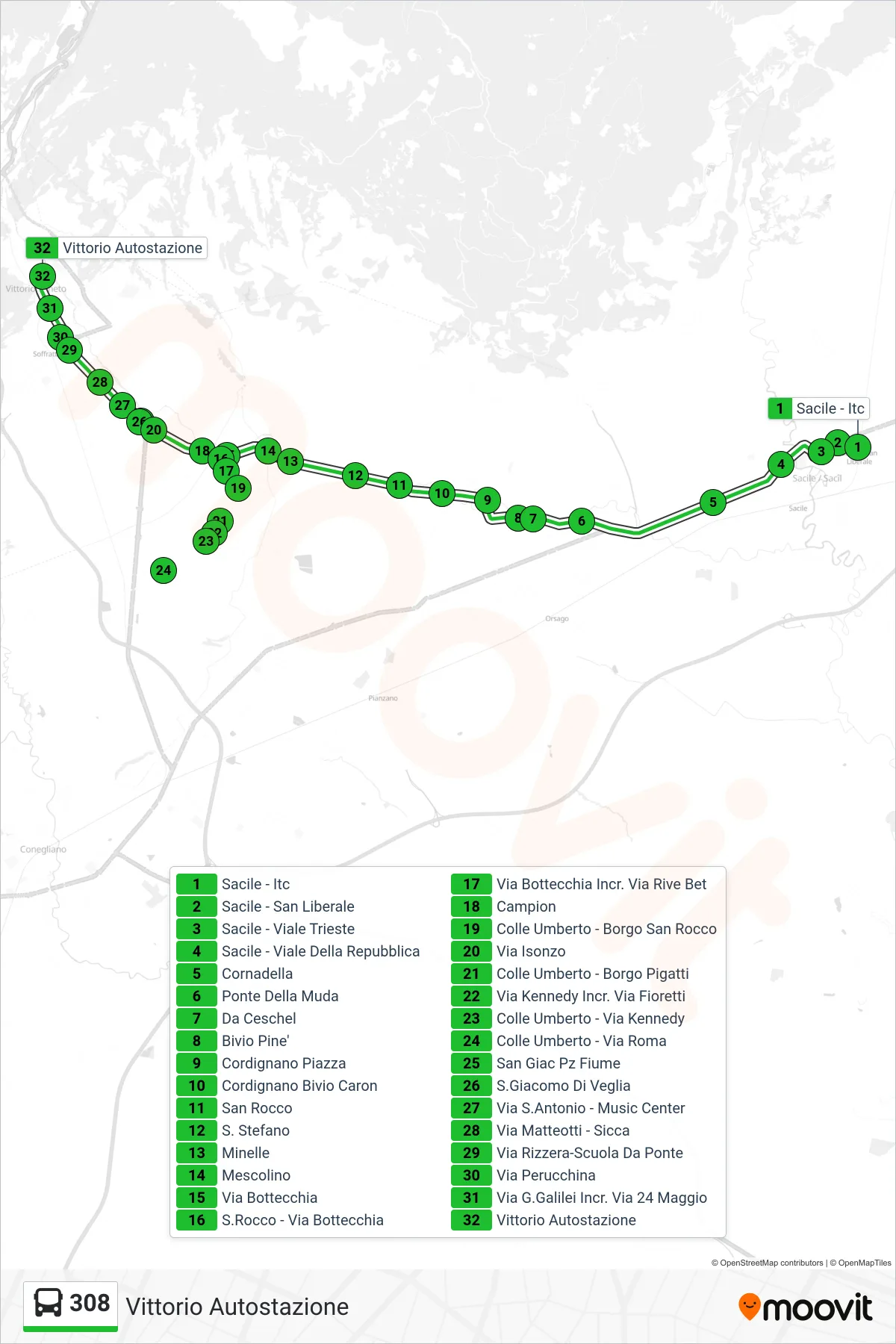 Linea 308 bus (Vittorio Autostazione) - Percorsi e fermate sulla mappa